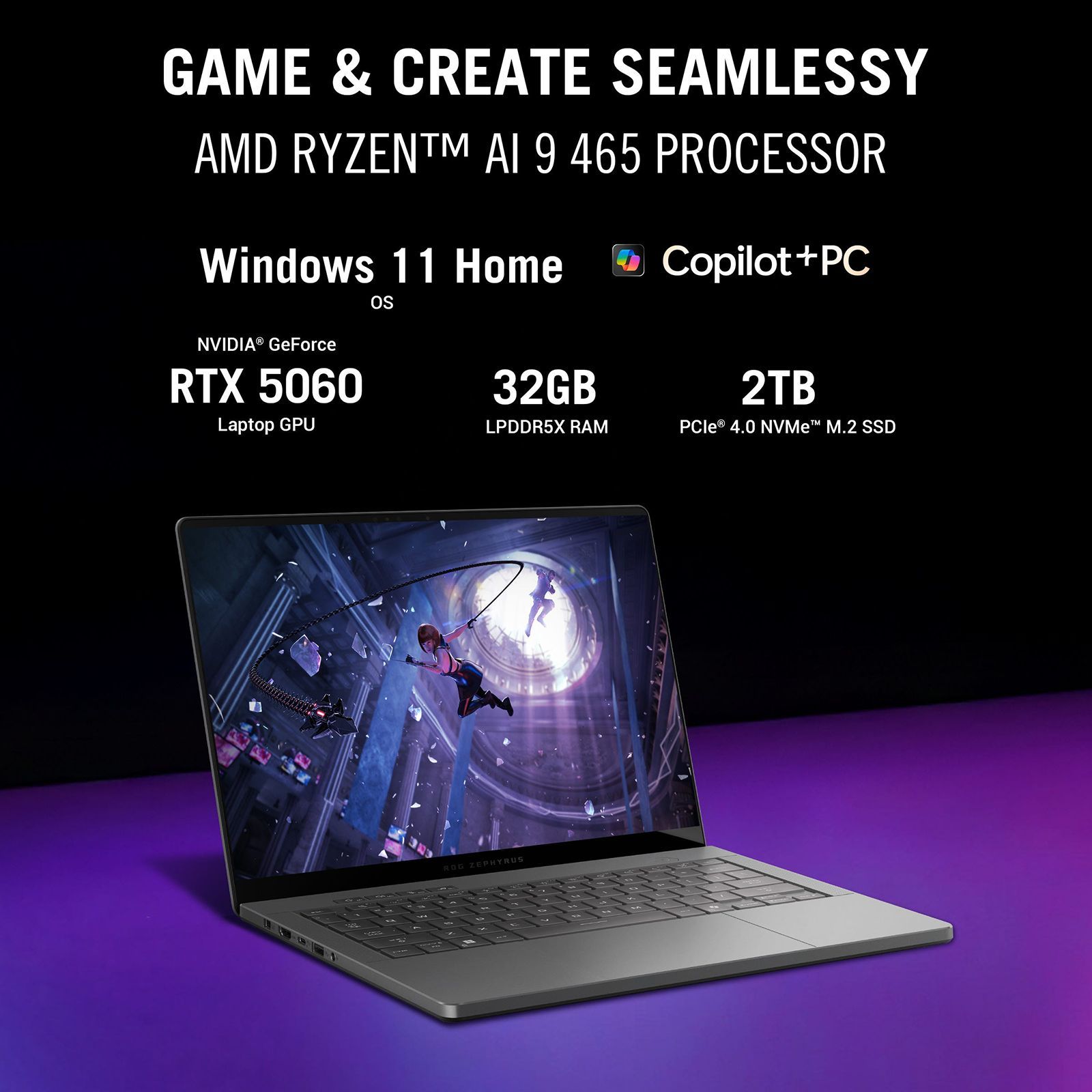 Asus ROG Zephyrus G14 AMD Ryzen AI 9 Gaming Laptop (32GB, 2TB SSD, Windows 11 Home, 8GB Graphics, 14 inch 120 Hz 3K OLED ROG Nebula HDR Display, NVIDIA GeForce RTX 5060, MS Office Home 2024, Eclipse Gray, 1.50 KG)_5