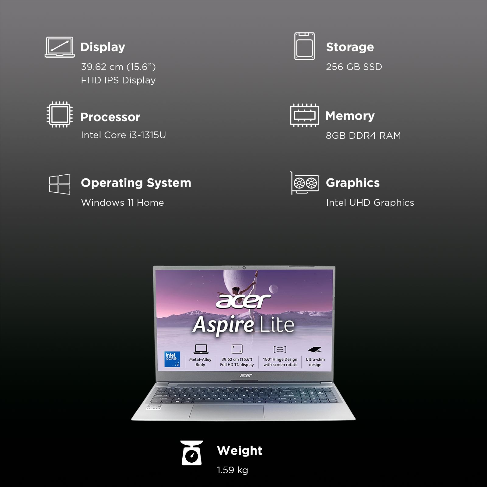 acer Aspire Lite AL15-53 Intel Core i3 1315U Notebook Laptop (8GB, 256GB SSD, Windows 11 Home, 15.6 inch FHD IPS Display, MS Office 2021, Grey, 1.59 KG) acer Aspire Lite AL15-53 Intel Core i3 1315U Notebook Laptop (8GB, 256GB SSD, Windows 11 Home, 15.6 inch FHD IPS Display, MS Office 2021, Grey, 1.59 KG)_6