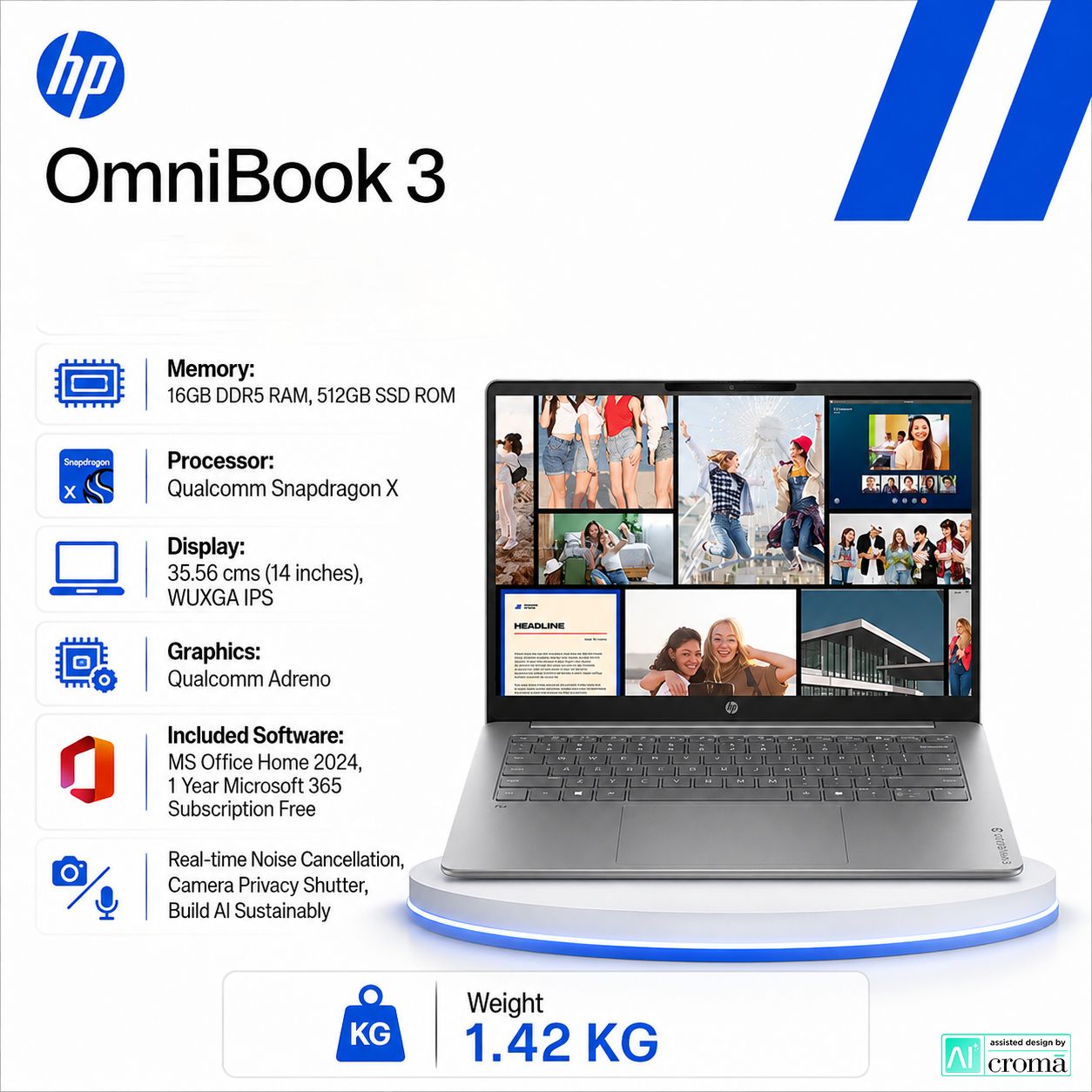 HP OmniBook 3 Qualcomm Snapdragon X Laptop (16GB, 512GB SSD, Windows 11 Home, 14 inch WUXGA IPS Display, MS Office Home 2024, Silver, 1.42 KG) HP OmniBook 3 Qualcomm Snapdragon X Laptop (16GB, 512GB SSD, Windows 11 Home, 14 inch WUXGA IPS Display, MS Office Home 2024, Silver, 1.42 KG)_2