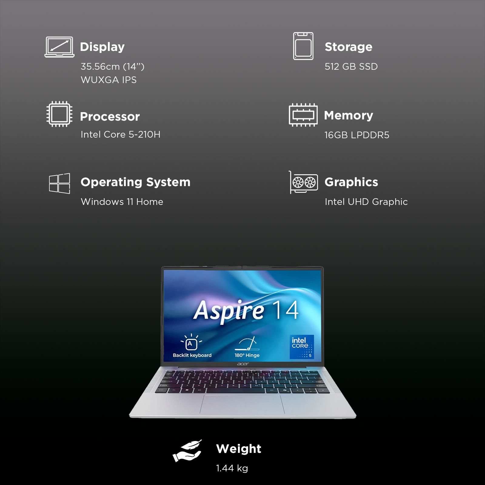 Acer Aspire 14 Intel Core 5 210H 14th Gen Thin and Light Laptop (16GB, 512GB SSD, Windows 11 Home, 14 inch WUXGA IPS TFT LCD Display, MS Office 2021, Pure Silver, 1.44 KG)_13