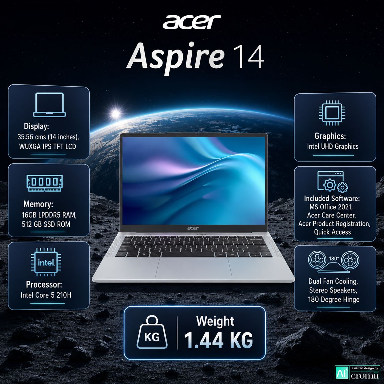 Acer Aspire 14 Intel Core 5 210H 14th Gen Thin and Light Laptop (16GB, 512GB SSD, Windows 11 Home, 14 inch WUXGA IPS TFT LCD Display, MS Office 2021, Pure Silver, 1.44 KG)_2