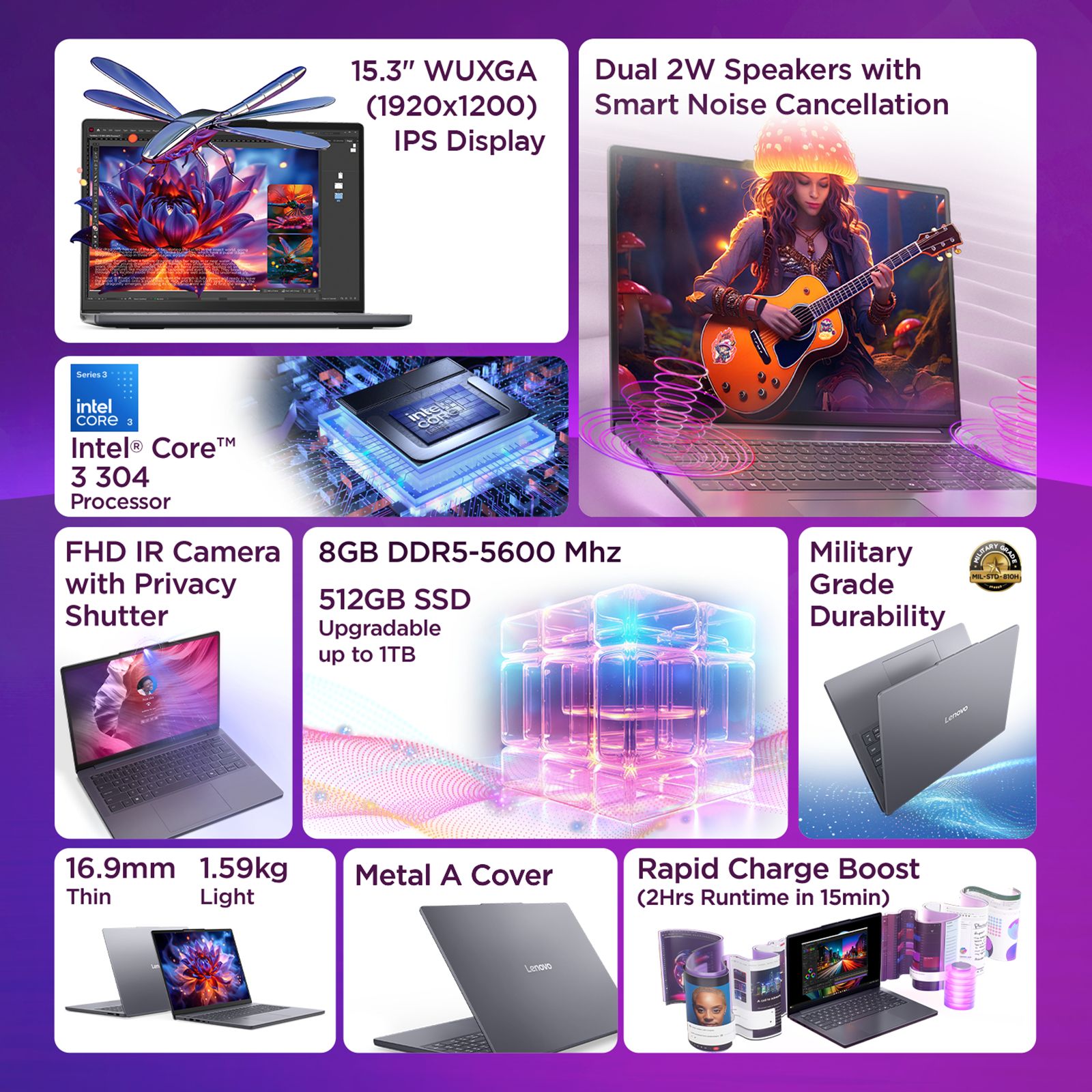 Lenovo IdeaPad Slim 3 15IWC11 Intel Core 3 Thin & Light Laptop (8GB, 512GB SSD, Windows 11 Home, 15.3 inch WUXGA IPS Display, MS Office Home 2024, Luna Grey, 1.59 KG)_9