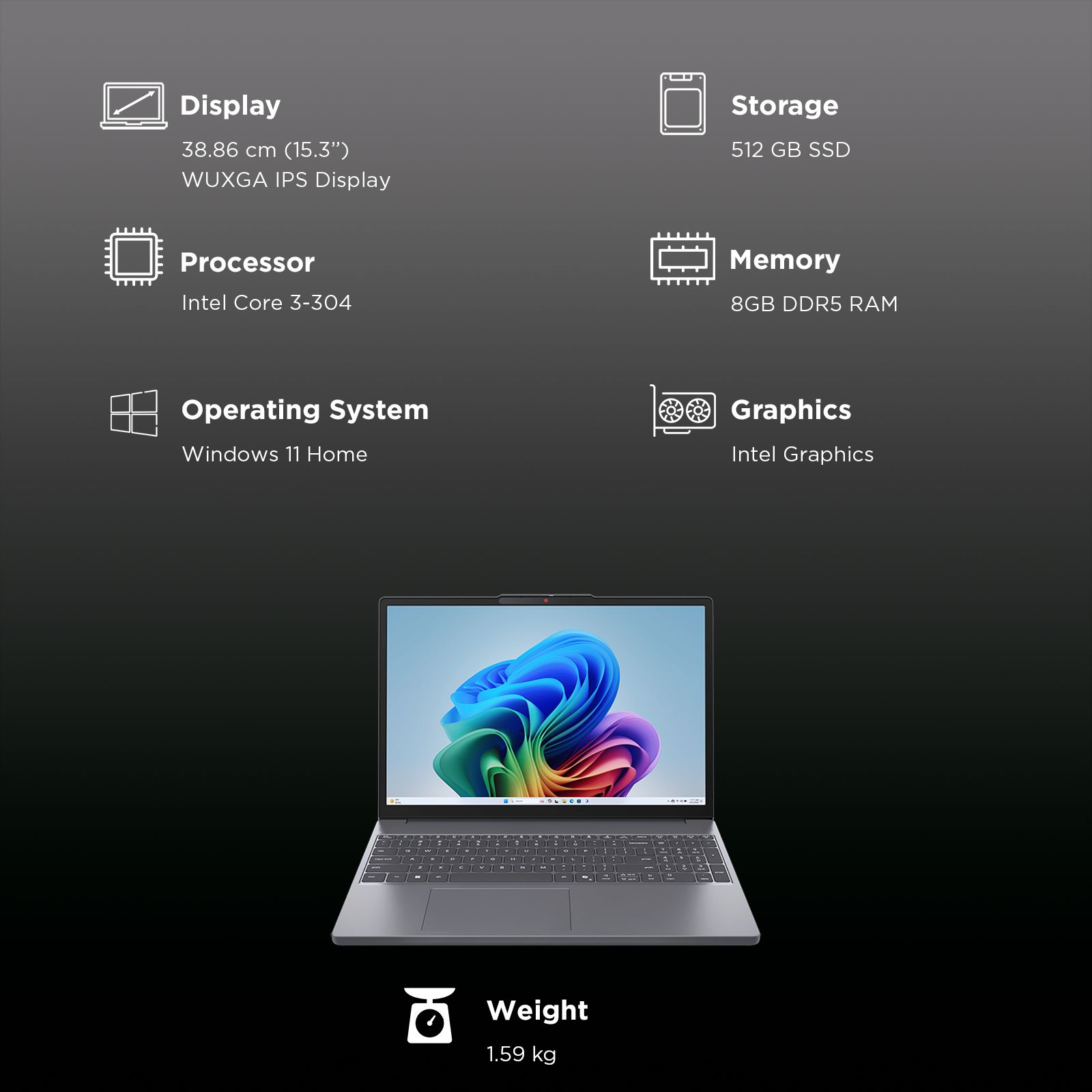 Lenovo IdeaPad Slim 3 15IWC11 Intel Core 3 Thin & Light Laptop (8GB, 512GB SSD, Windows 11 Home, 15.3 inch WUXGA IPS Display, MS Office Home 2024, Luna Grey, 1.59 KG)_7