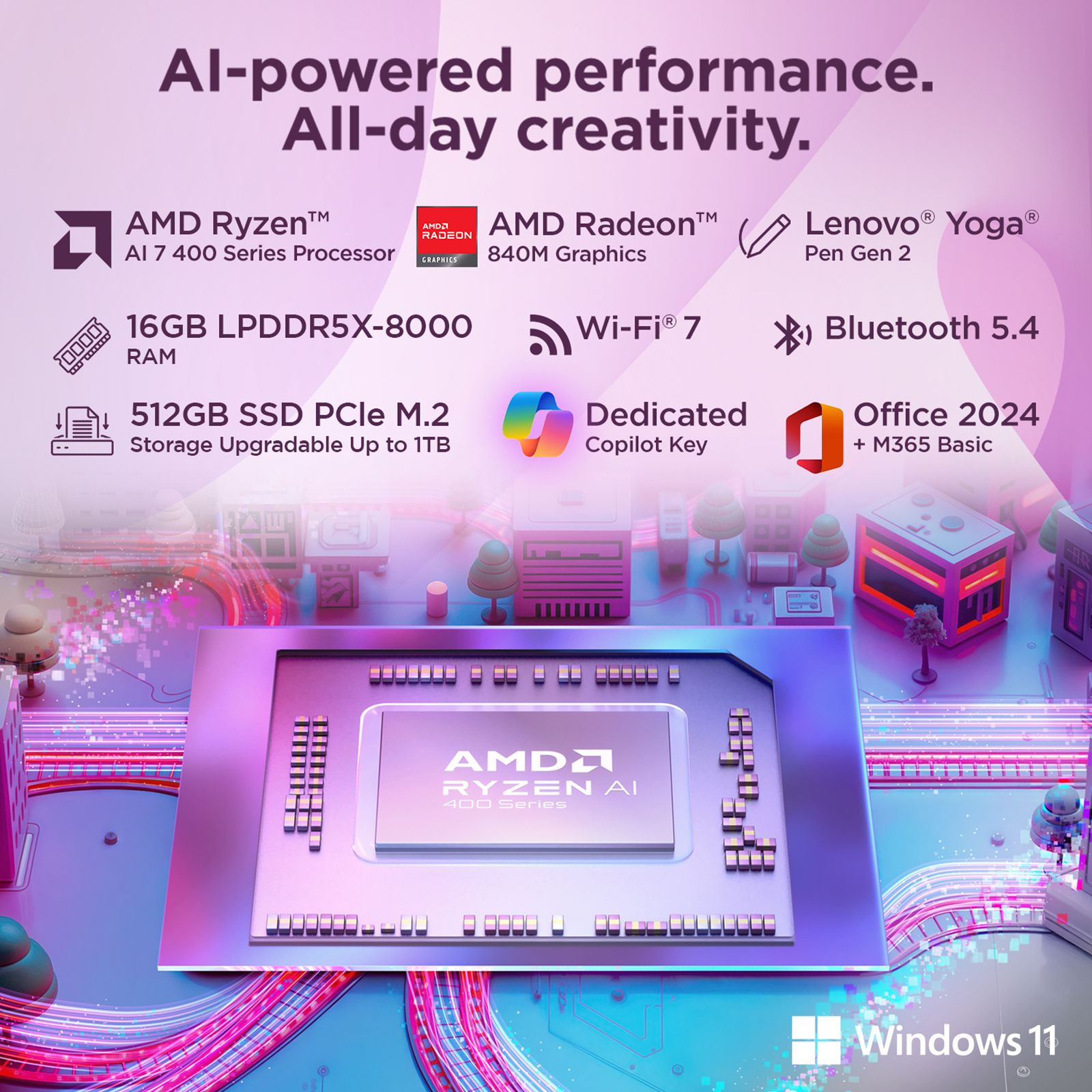 Lenovo Yoga 7 14AGP11 AMD Ryzen AI 7 Touchscreen 2-in-1 Laptop (16GB, 512GB SSD, Windows 11 Home, 14 inch WUXGA OLED Display, MS Office Home 2024, Seashell, 1.38 KG)_3