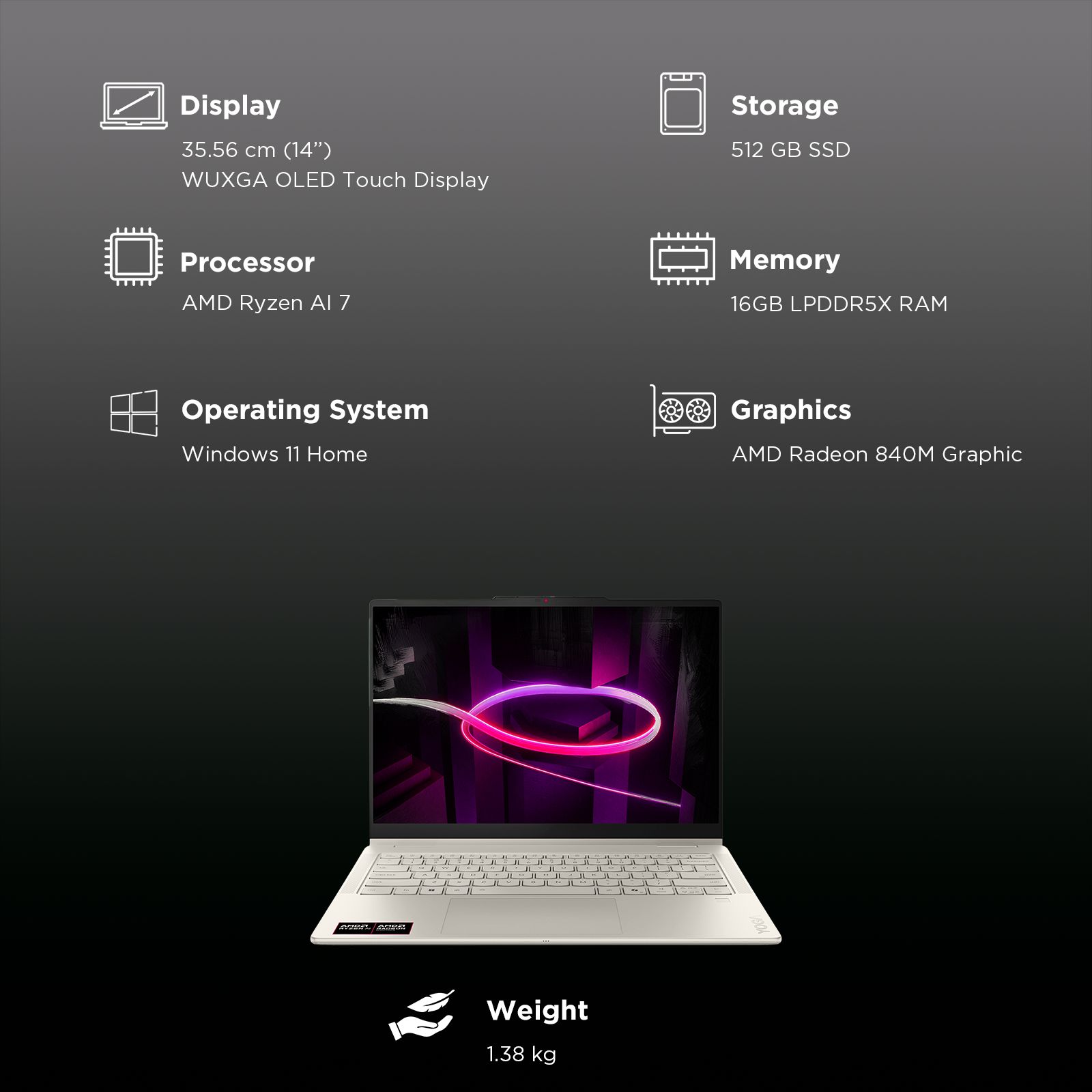 Lenovo Yoga 7 14AGP11 AMD Ryzen AI 7 Touchscreen 2-in-1 Laptop (16GB, 512GB SSD, Windows 11 Home, 14 inch WUXGA OLED Display, MS Office Home 2024, Seashell, 1.38 KG)_9