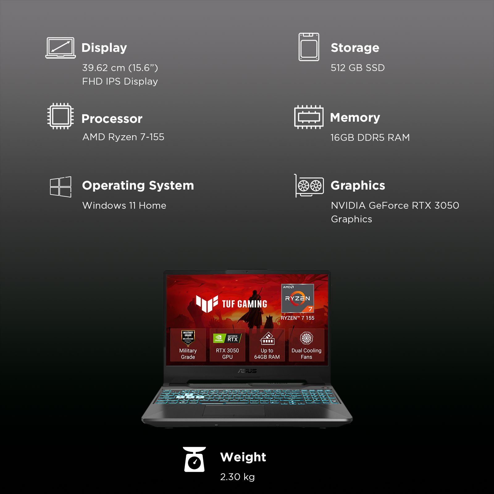 ASUS TUF A15 AMD Ryzen 7 Gaming Laptop (16GB, 512GB SSD, Windows 11 Home, 4GB Graphics, 15.6 inch 144 Hz Full HD IPS Level Display, NVIDIA GeForce RTX 3050, MS Office Home 2024, Graphite Black, 2.30 KG) ASUS TUF A15 AMD Ryzen 7 Gaming Laptop (16GB, 512GB SSD, Windows 11 Home, 4GB Graphics, 15.6 inch 144 Hz Full HD IPS Level Display, NVIDIA GeForce RTX 3050, MS Office Home 2024, Graphite Black, 2.30 KG)_7