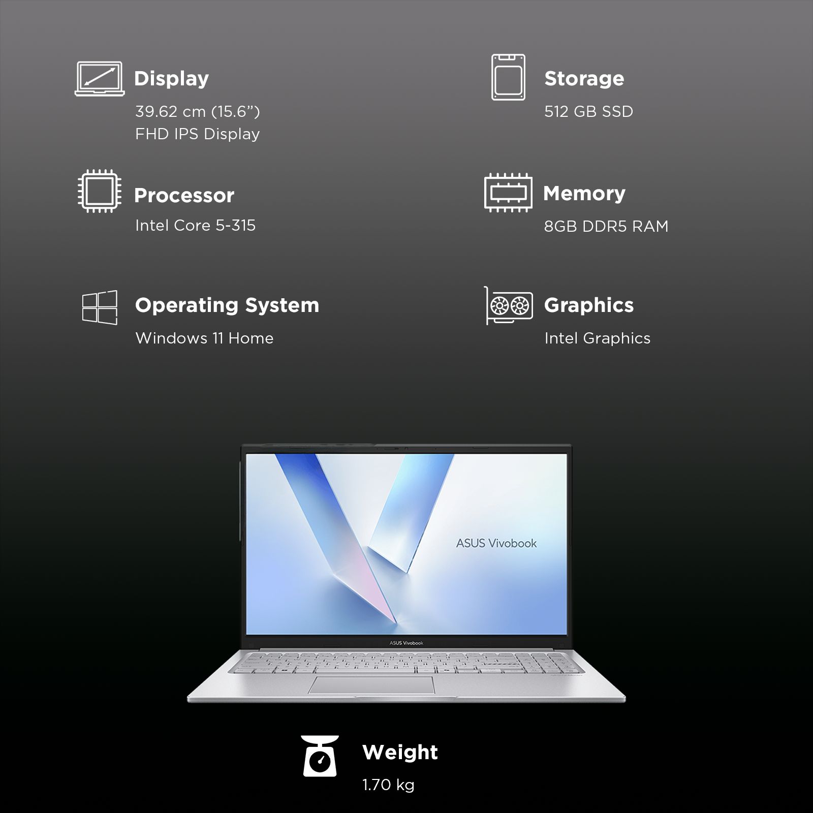 ASUS Vivobook 15 Intel Core 5 315 Notebook Laptop (8GB, 512GB SSD, Windows 11 Home, 15.6 inch FHD IPS Display, MS Office Home 2024, Cool Silver, 1.7 KG) ASUS Vivobook 15 Intel Core 5 315 Notebook Laptop (8GB, 512GB SSD, Windows 11 Home, 15.6 inch FHD IPS Display, MS Office Home 2024, Cool Silver, 1.7 KG)_3