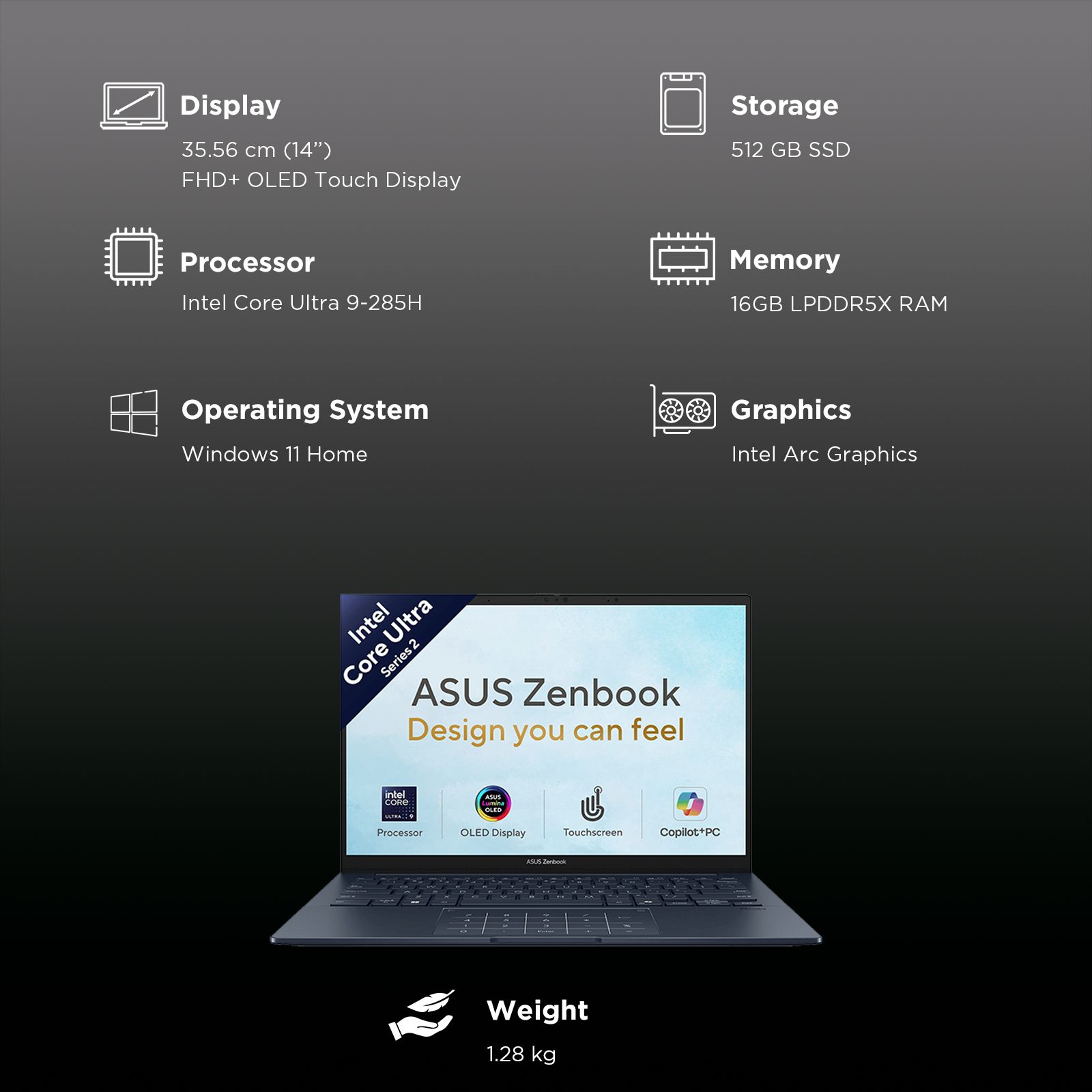 ASUS Zenbook 14 Intel Core Ultra 9 Touchscreen Thin & Light Laptop (16GB, 512GB SSD, Windows 11 Home, 14 inch FHD+ OLED Display, MS Office Home 2024, Ponder Blue, 1.28 KG)_7