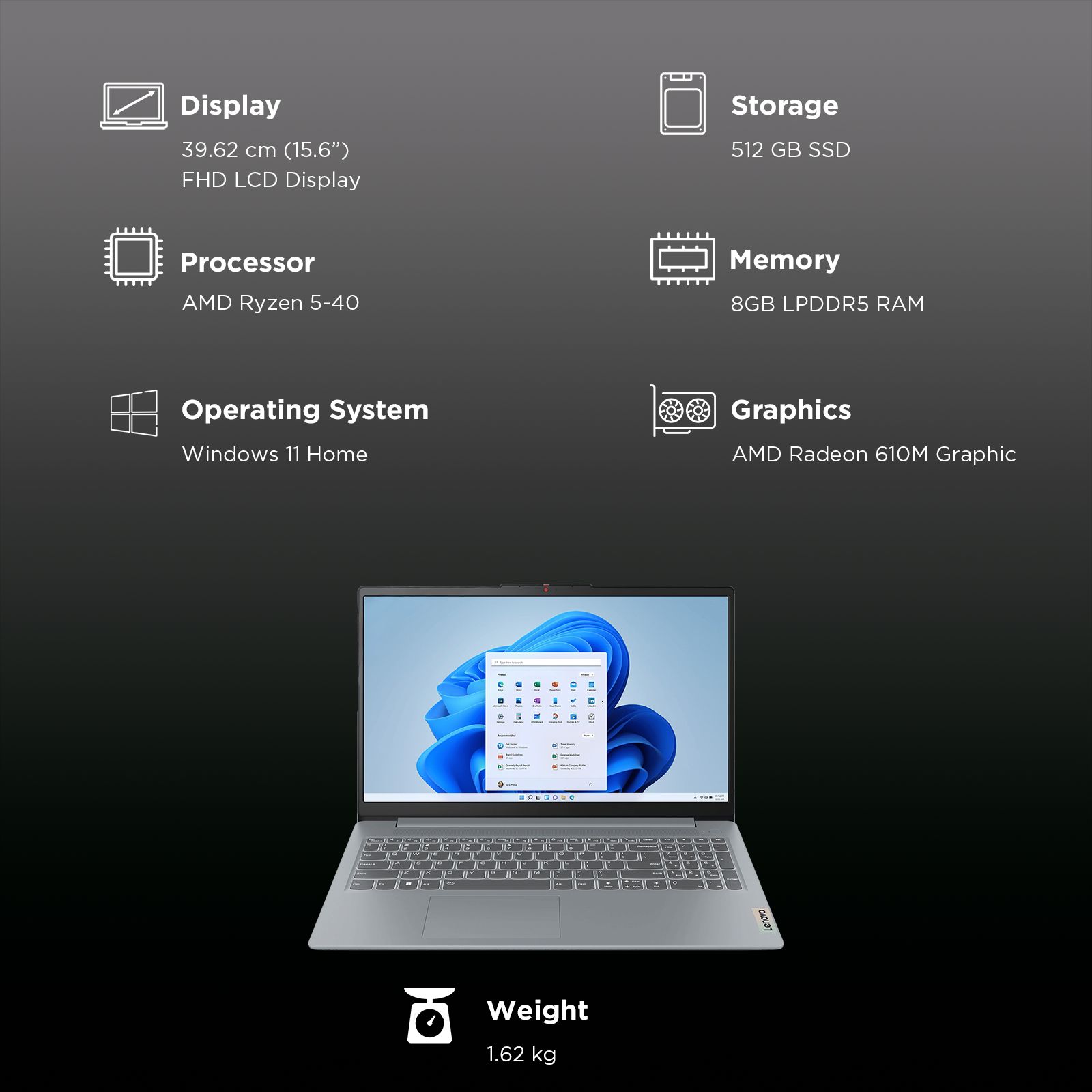 Lenovo IdeaPad Slim 3 15AMN8 AMD Ryzen 5 40 Notebook Laptop (8GB, 512GB SSD, Windows 11 Home, 15.6 inch FHD LCD Display, MS Office Home 2024, Arctic Grey, 1.62 KG)_6