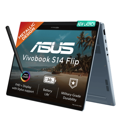 ASUS Vivobook S14 Flip Snapdragon X X1 26 100 Touchscreen 2-in-1 Laptop (8GB, 512GB SSD, Windows 11 Home, 14 inch Full HD Plus OLED Display, MS Office Home 2024, Light Blue, 1.39 KG)