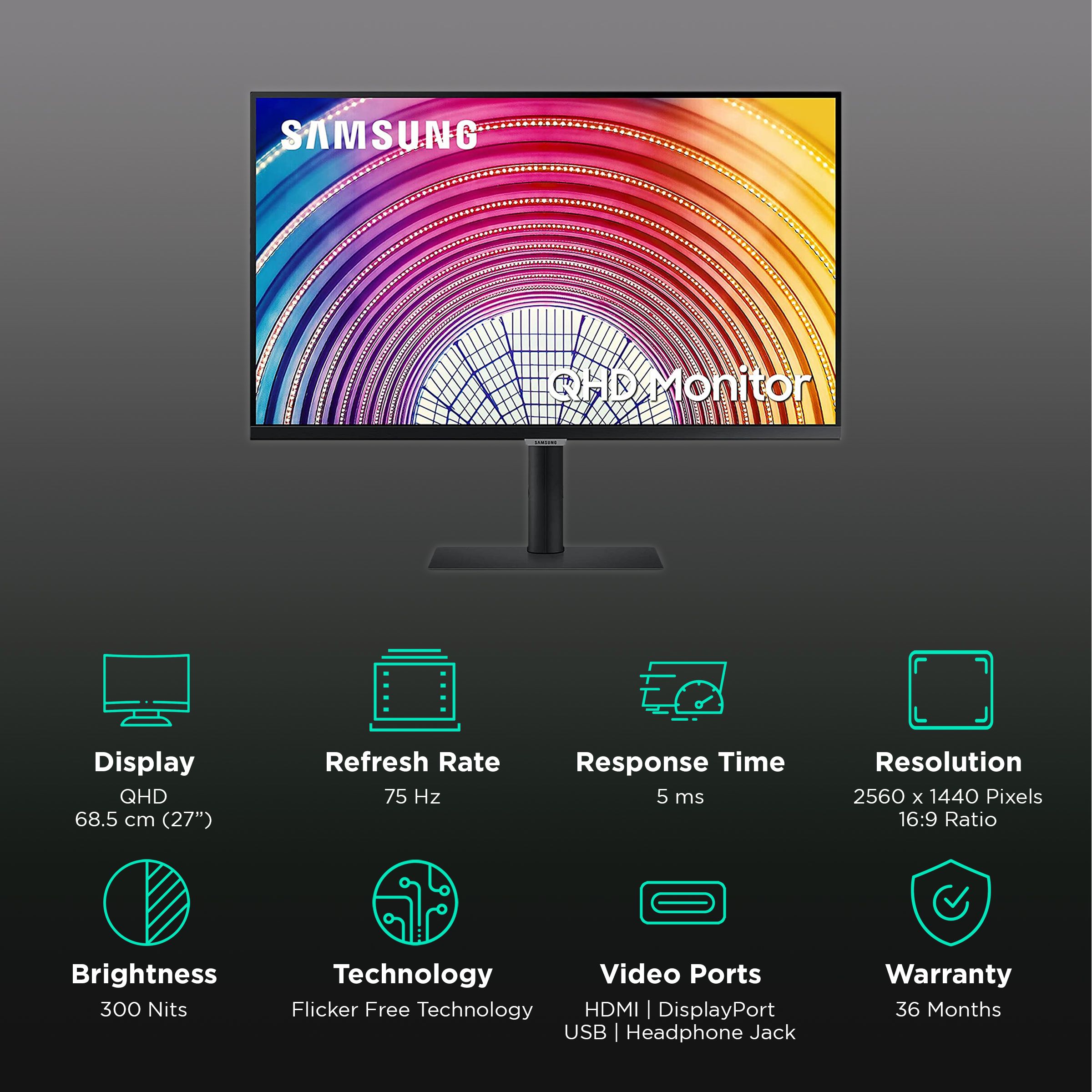SAMSUNG S60A 68.5 cm (27 inch) QHD IPS Panel LED Borderless Height Adjustable Monitor with Flicker-Free Technology SAMSUNG S60A 68.5 cm (27 inch) QHD IPS Panel LED Borderless Height Adjustable Monitor with Flicker-Free Technology_3