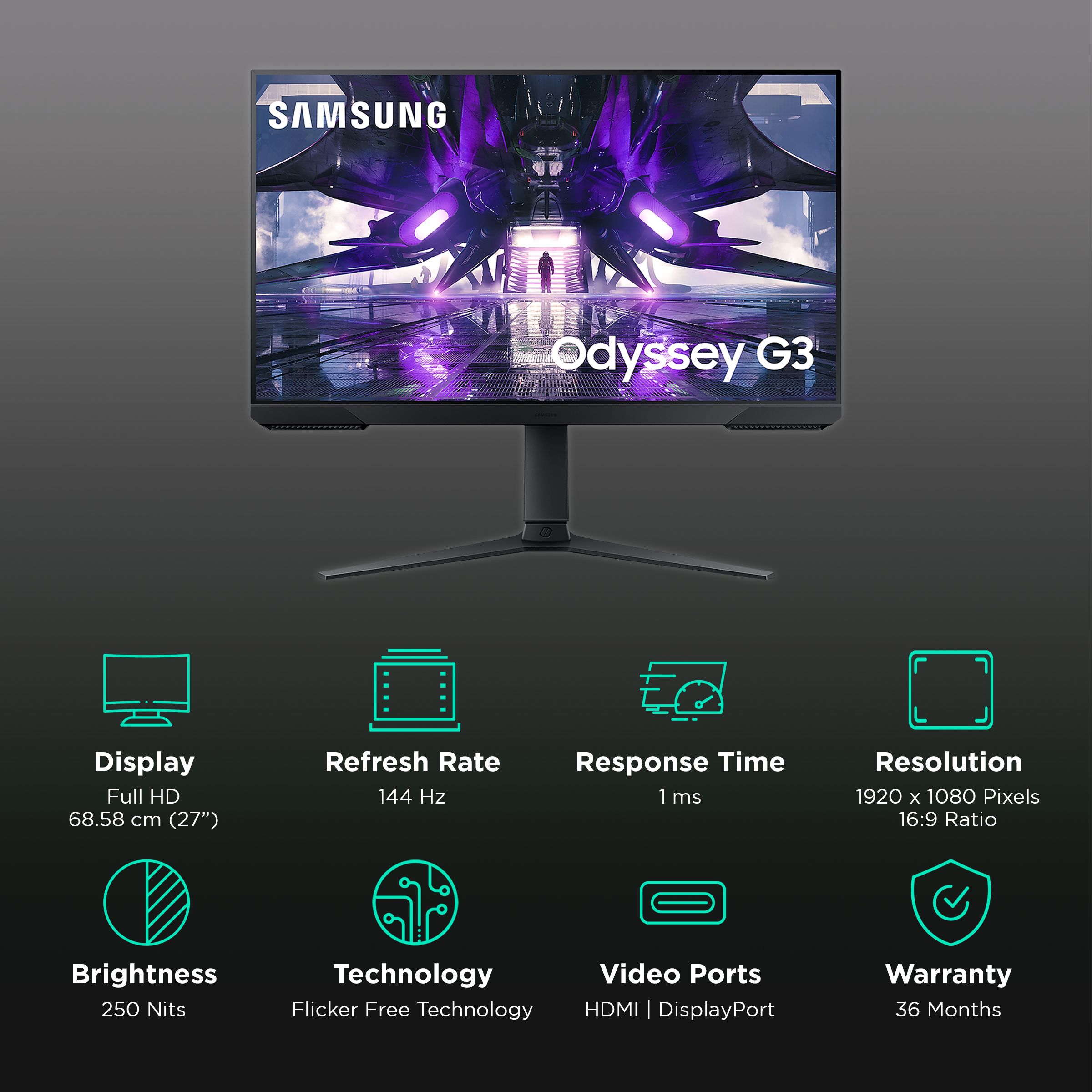 SAMSUNG Odyssey G3 68.58 cm (27 inch) Full HD Borderless Height Adjustable Gaming Monitor with Flicker-Free Technology SAMSUNG Odyssey G3 68.58 cm (27 inch) Full HD Borderless Height Adjustable Gaming Monitor with Flicker-Free Technology_3