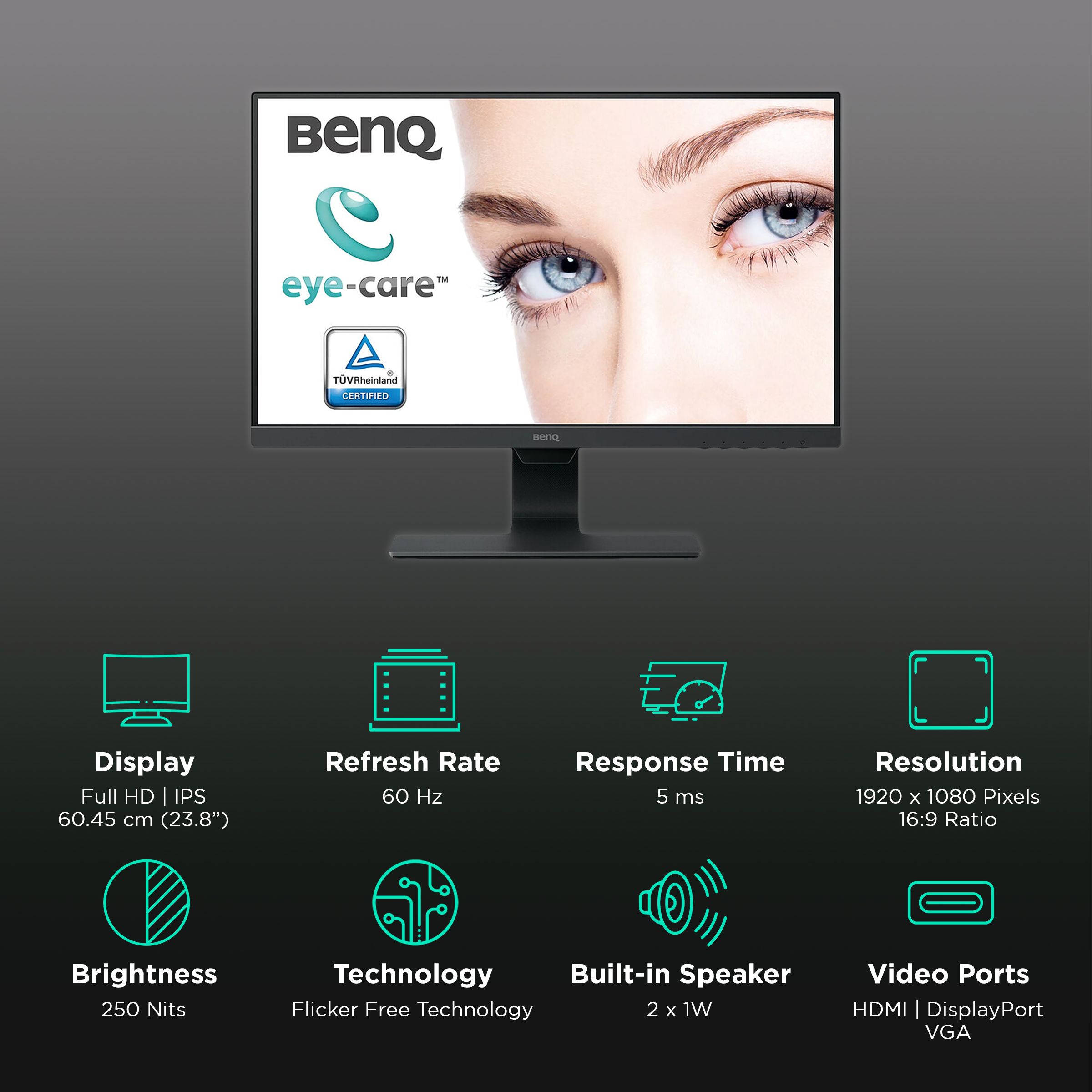 BenQ 60.45 cm (23.8 inch) Full HD IPS Panel LCD Ultra Slim Bezel Monitor with Flicker-Free Technology BenQ 60.45 cm (23.8 inch) Full HD IPS Panel LCD Ultra Slim Bezel Monitor with Flicker-Free Technology_3
