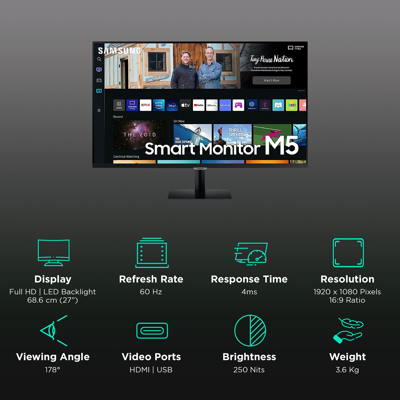 SAMSUNG M5 68.6 cm (27 inch) Full HD VA Panel LED Ultra Wide Smart Monitor with Smart TV Experience_2