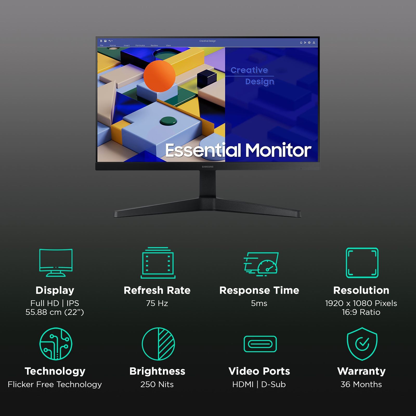 SAMSUNG Essential 54.6 cm (22 inch) Full HD IPS Panel 3 Side Narrow Bezel Gaming Monitor with AMD Free Sync_3