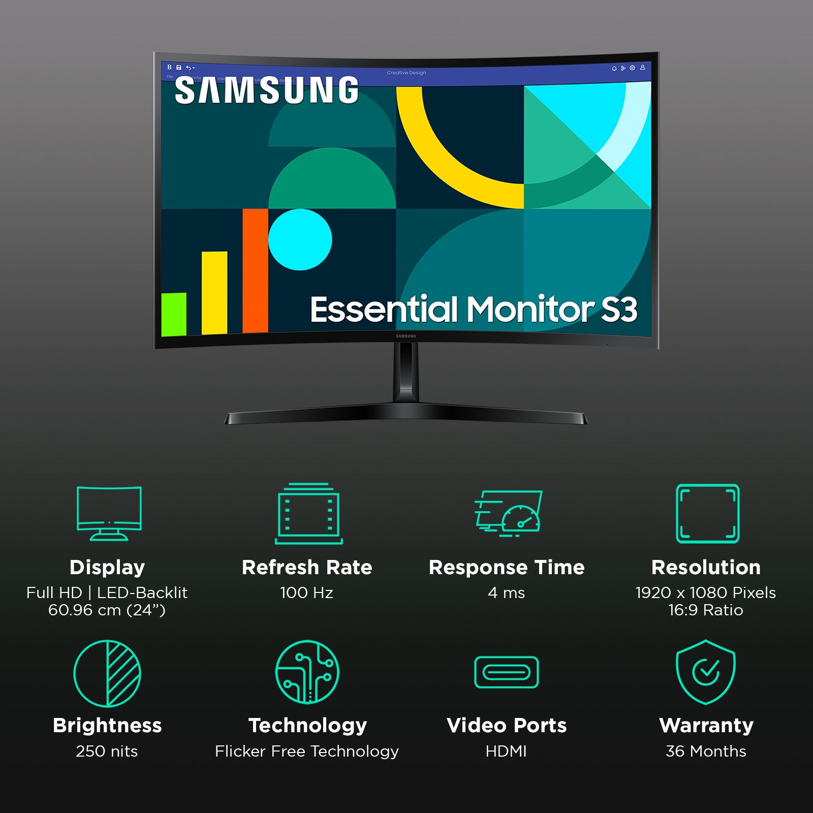 SAMSUNG Essential S3 60.96 cm (24 inch) Full HD VA Panel Curved Gaming Monitor with Eye Saver Mode SAMSUNG Essential S3 60.96 cm (24 inch) Full HD VA Panel Curved Gaming Monitor with Eye Saver Mode_3