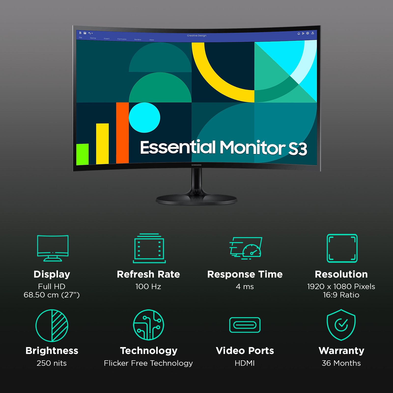 SAMSUNG Essential S3 68.5 cm (27 inch) Full HD VA Panel Curved Gaming Monitor with Eye Saver Mode SAMSUNG Essential S3 68.5 cm (27 inch) Full HD VA Panel Curved Gaming Monitor with Eye Saver Mode_3
