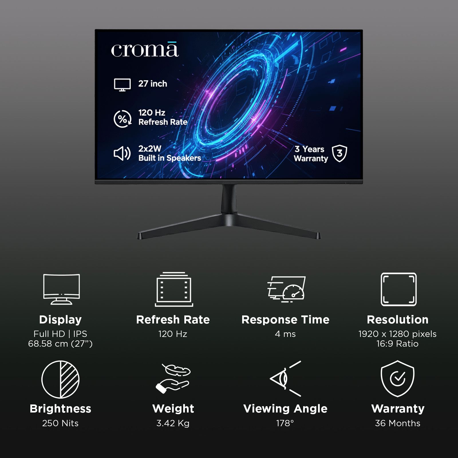 Croma F Series 68.58 cm (27 inch) Full HD IPS Panel Bezel-Less Monitor with 4W Built-in Speaker_3