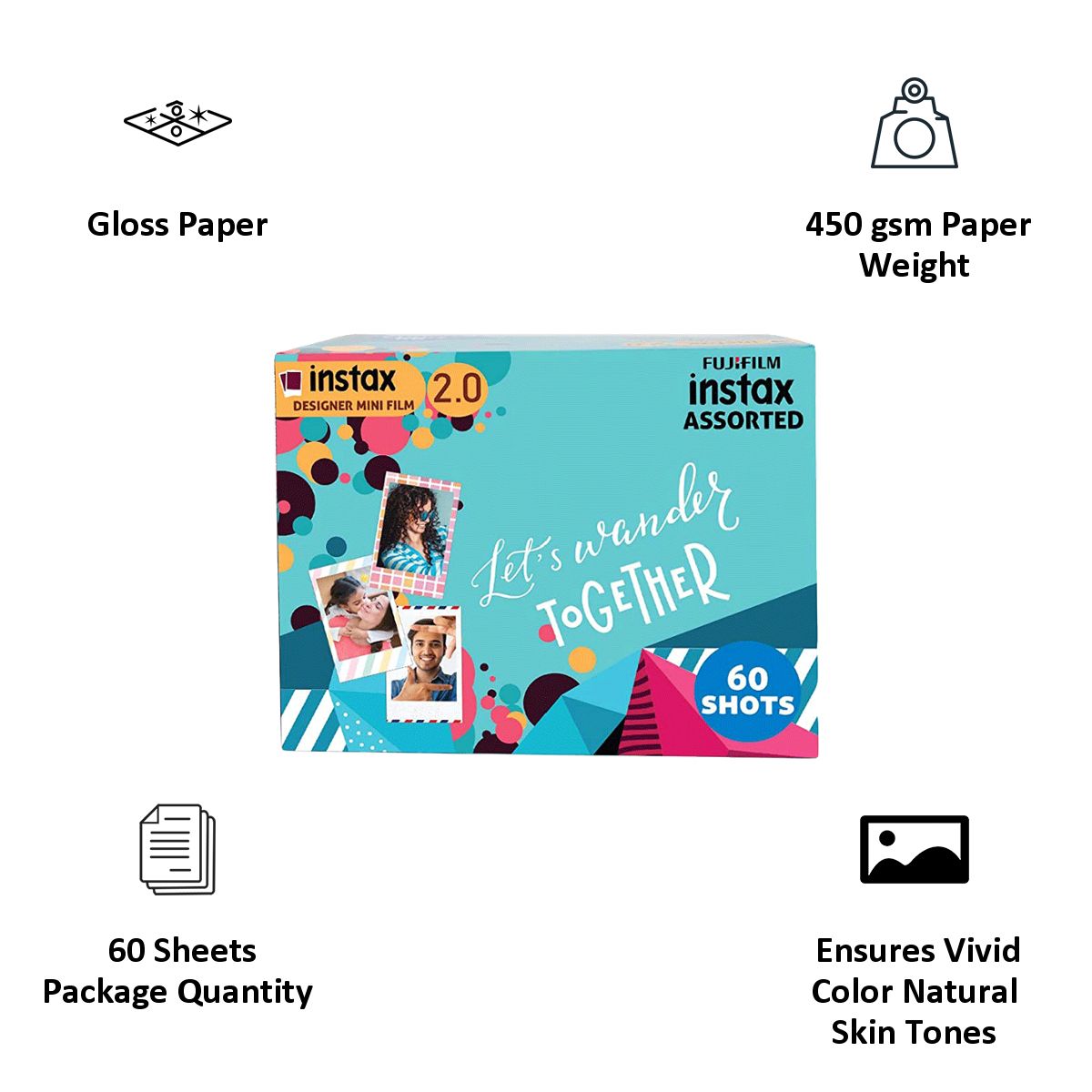 FUJIFILM Instax Mini Film Sheet (54 x 86 mm) Gloss Paper (60 Shots, 450gsm, IC0102, Designer Frame, Multicolor)_5