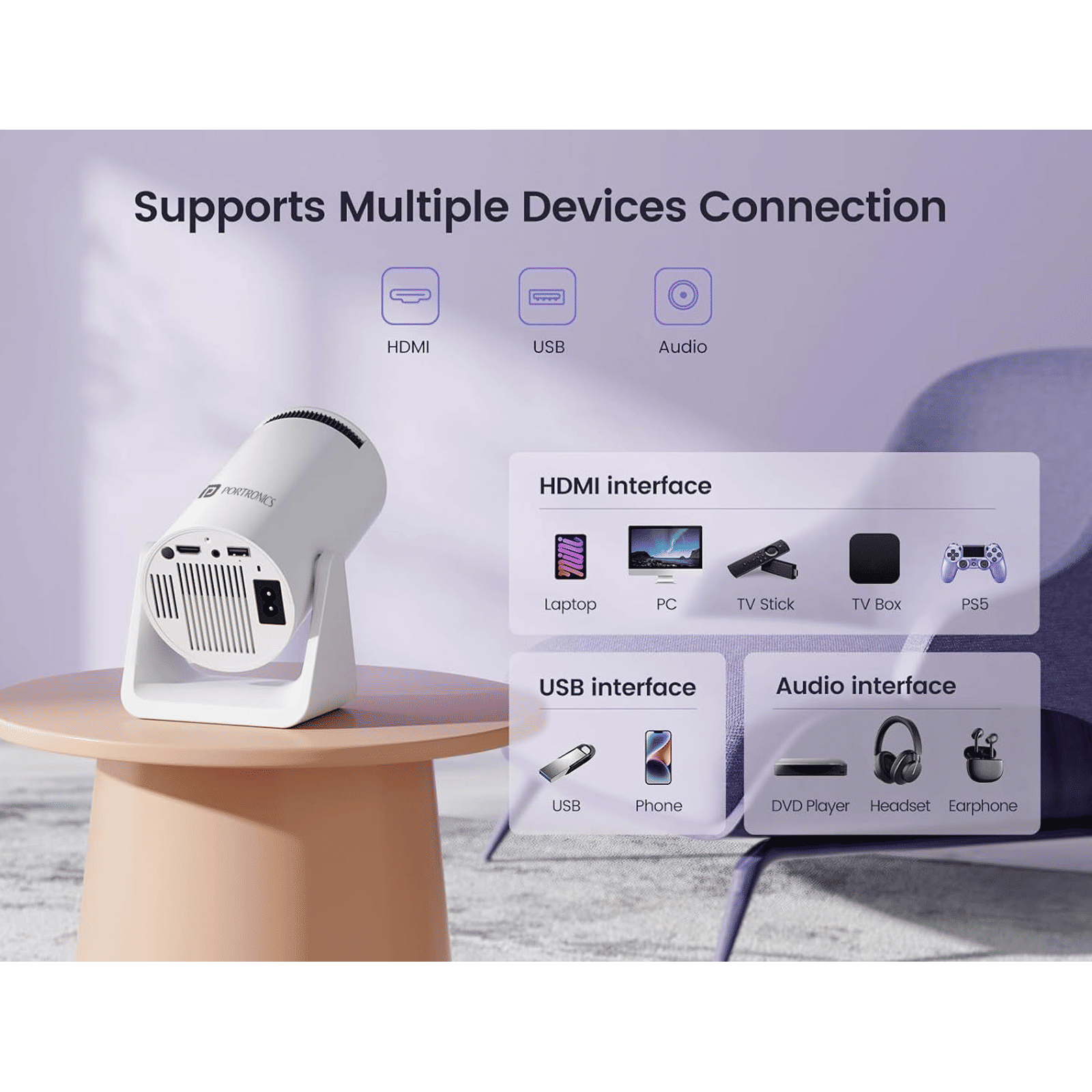 PORTRONICS Beem 440 HD Android 11 LED Smart Projector with Remote (1800 Lumens, Wi-Fi, Inbuilt OTT Apps, White)_7