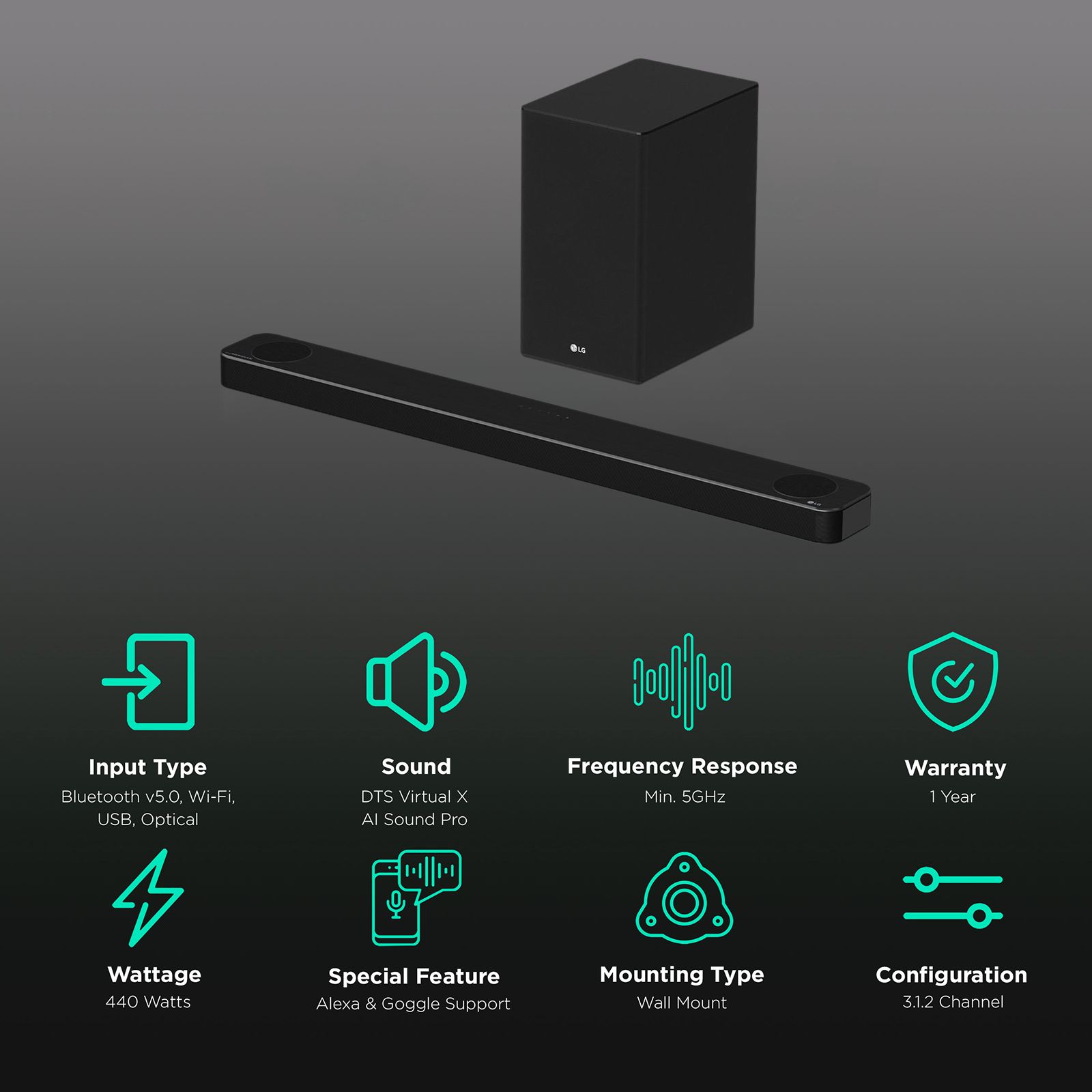 LG SP8A.DINDLLK 440W Bluetooth Soundbar with Remote (Dolby Atmos, 3.1.2 Channel, Black) LG SP8A.DINDLLK 440W Bluetooth Soundbar with Remote (Dolby Atmos, 3.1.2 Channel, Black)_2