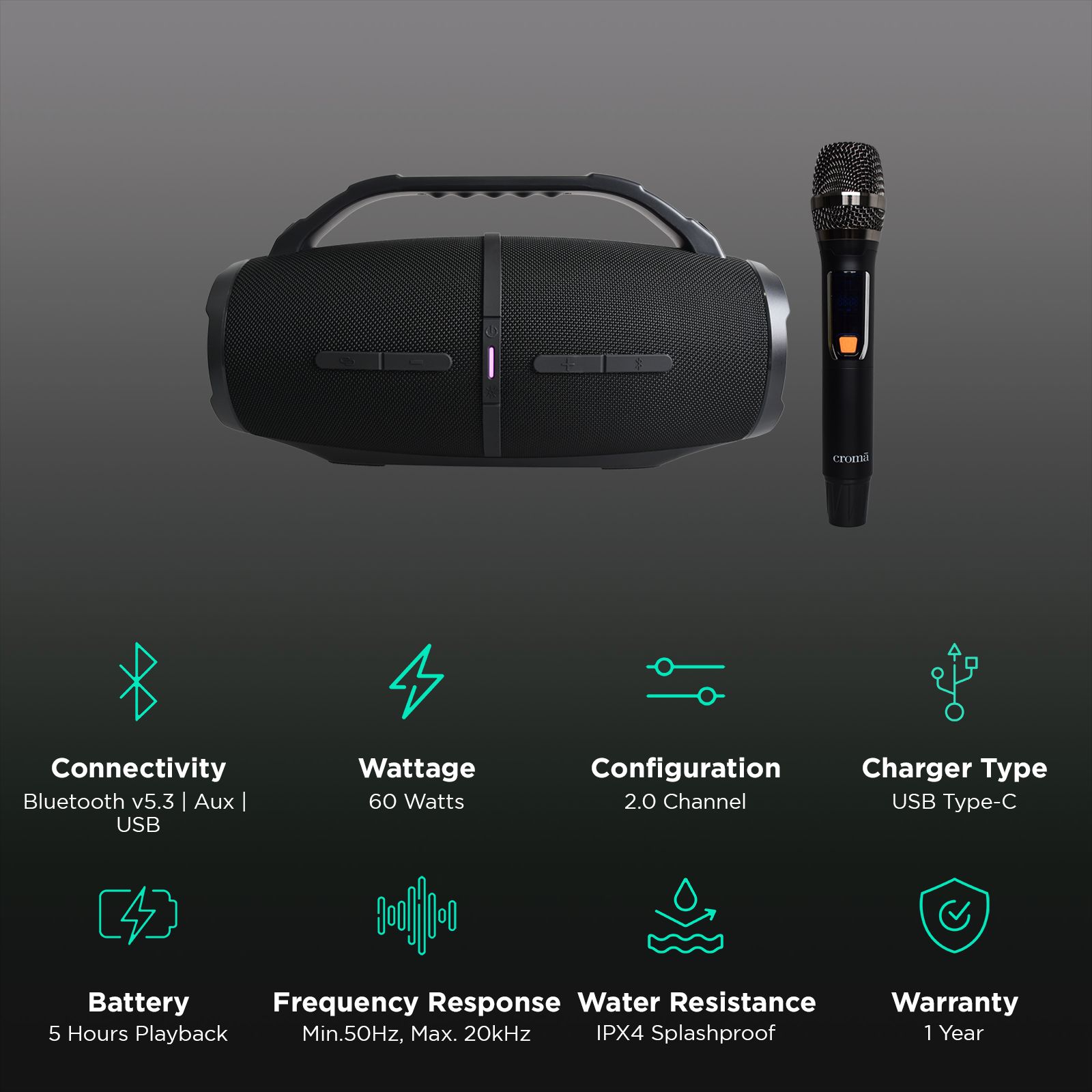 Croma 60W RMS Boombox with Portable Handle (IP67 Water Resistant, 5H Playback, 2.0 Channel, Black)_2