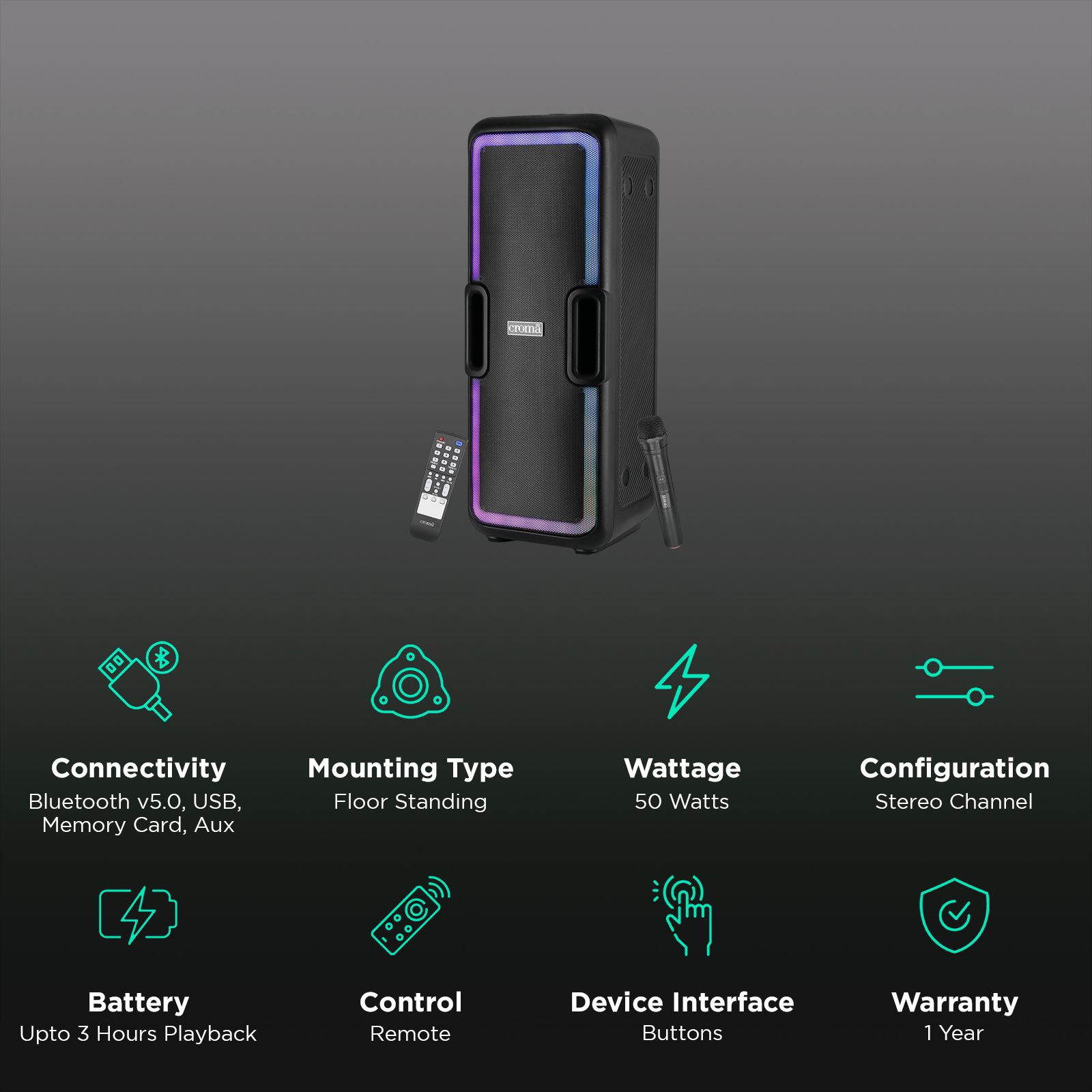 Croma 50W Bluetooth Party Speaker with Mic (Lightweight, Stereo Channel, Black)_2