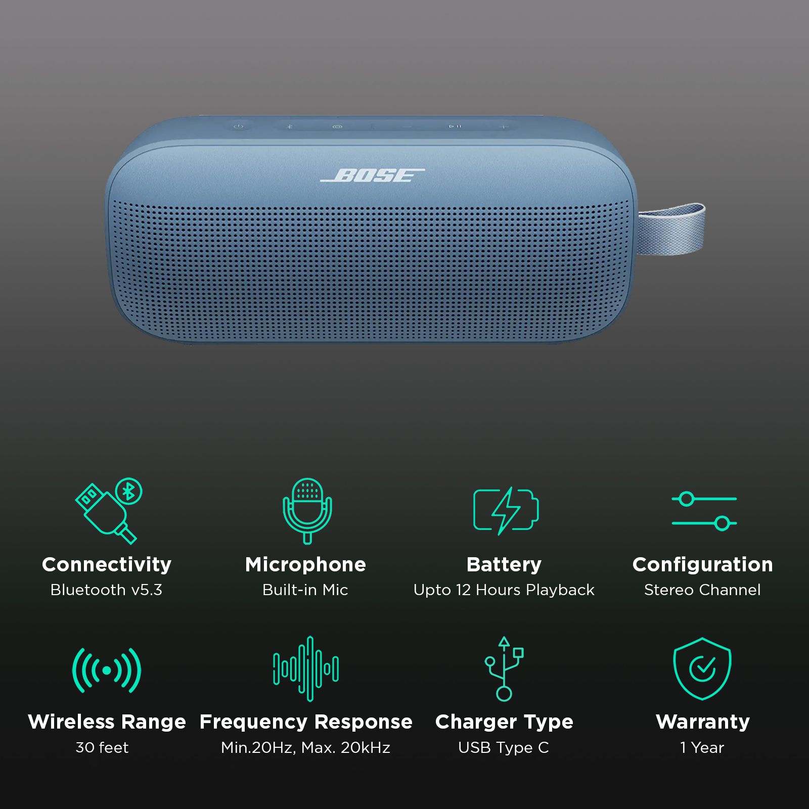 BOSE SoundLink Flex (2nd Gen) Portable Bluetooth Speaker (IP67 Water Resistant, PositionIQ Technology, Stereo Channel, Blue Dusk)_2