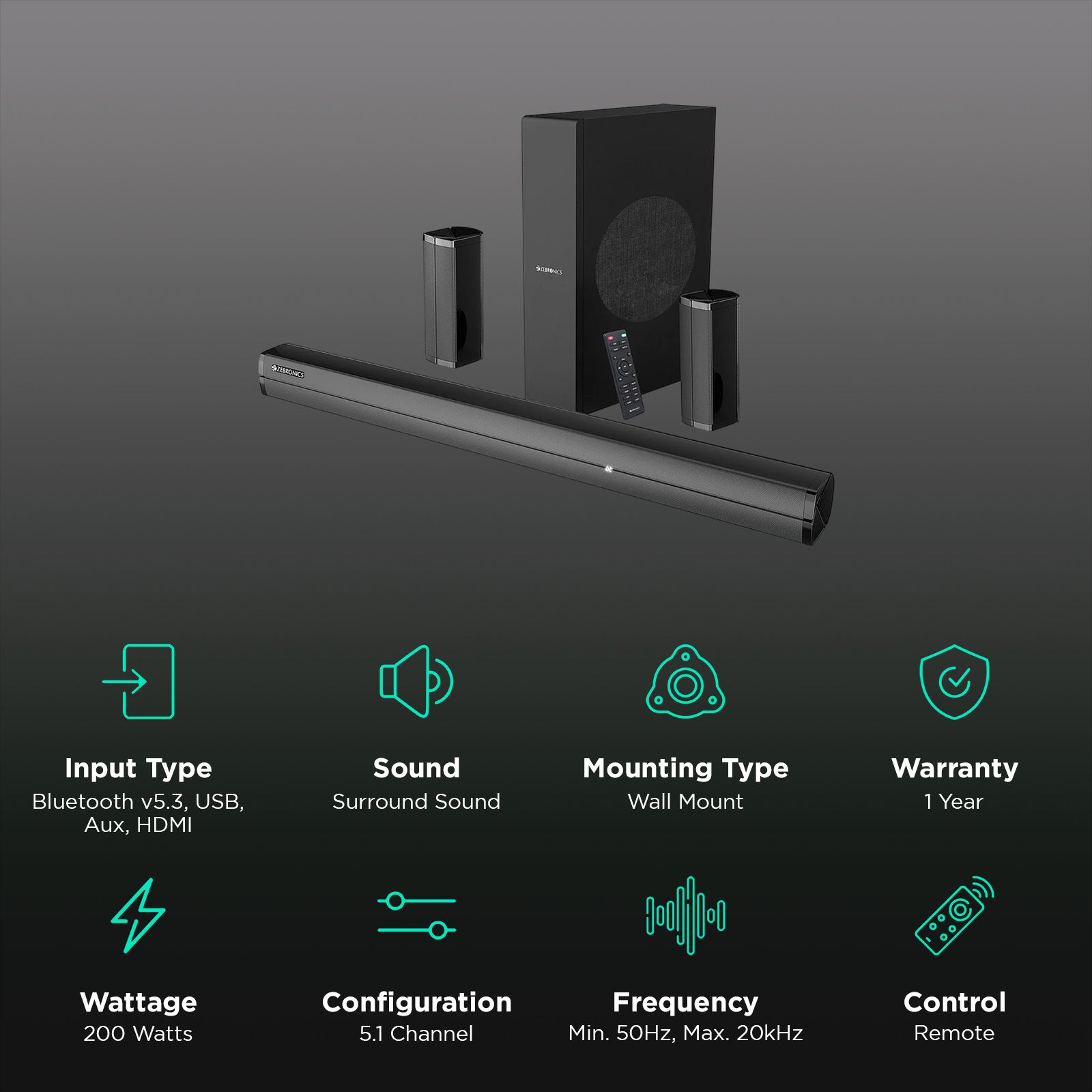 ZEBRONICS Zeb Juke Bar 7450 Pro 200W Bluetooth Soundbar with Remote (5.1 Channel, Black) ZEBRONICS Zeb Juke Bar 7450 Pro 200W Bluetooth Soundbar with Remote (5.1 Channel, Black)_2