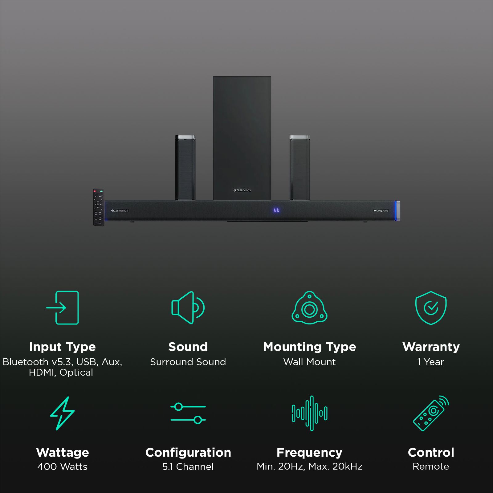 ZEBRONICS Zeb Juke Bar 9530 WS Pro 400W Bluetooth Soundbar with Remote (Dolby Audio, 5.1 Channel, Black) ZEBRONICS Zeb Juke Bar 9530 WS Pro 400W Bluetooth Soundbar with Remote (Dolby Audio, 5.1 Channel, Black)_2