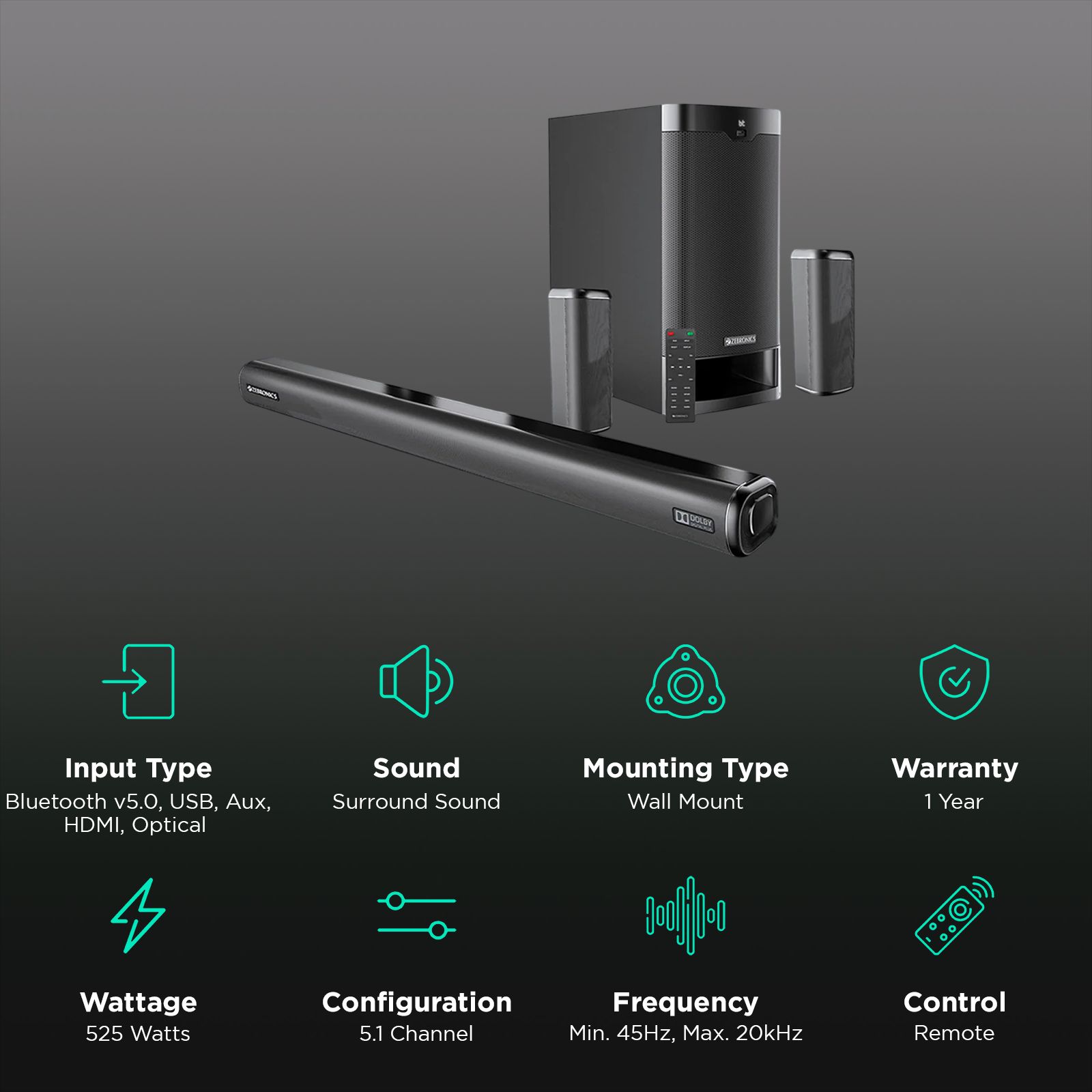ZEBRONICS Zeb Juke Bar 9400 Pro 525W Bluetooth Soundbar with Remote (Dolby Digital Plus, 5.1 Channel, Black) ZEBRONICS Zeb Juke Bar 9400 Pro 525W Bluetooth Soundbar with Remote (Dolby Digital Plus, 5.1 Channel, Black)_2