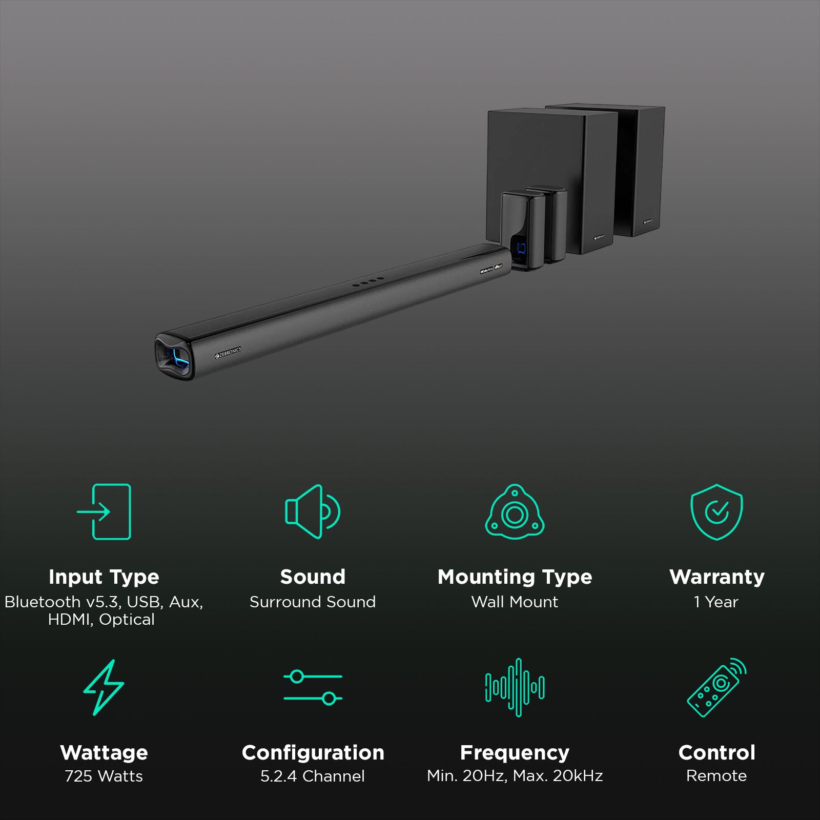 ZEBRONICS Zeb Juke bar 9900 725W Bluetooth Soundbar with Remote (Dolby Atmos, 5.2.4 Channel, Black) ZEBRONICS Zeb Juke bar 9900 725W Bluetooth Soundbar with Remote (Dolby Atmos, 5.2.4 Channel, Black)_2