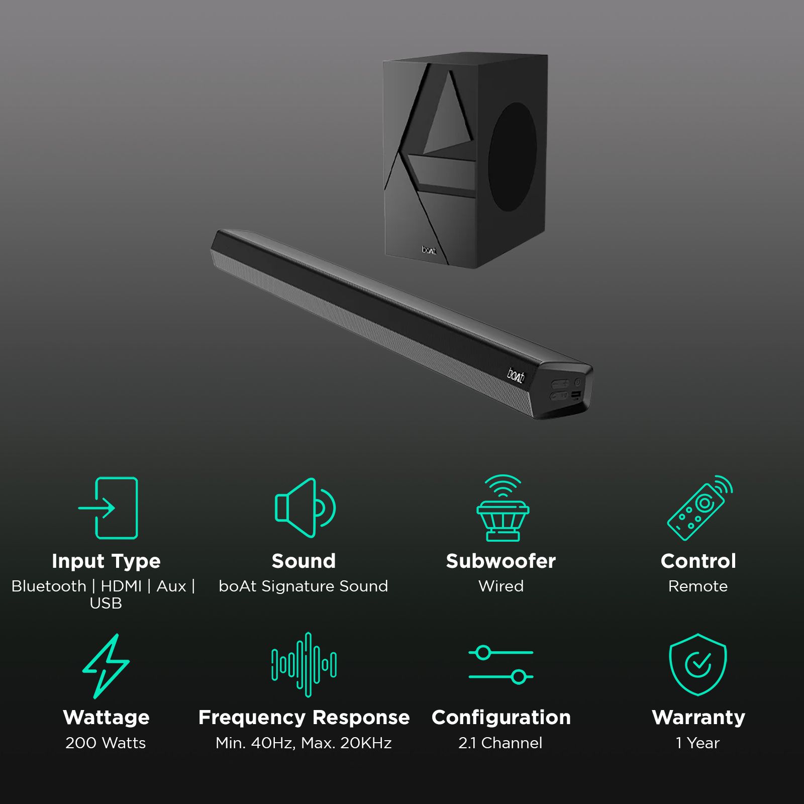 boAt Aavante Bar Thump 200W Bluetooth Soundbar with Remote (2.1 Channel, Carbon Black) boAt Aavante Bar Thump 200W Bluetooth Soundbar with Remote (2.1 Channel, Carbon Black)_2