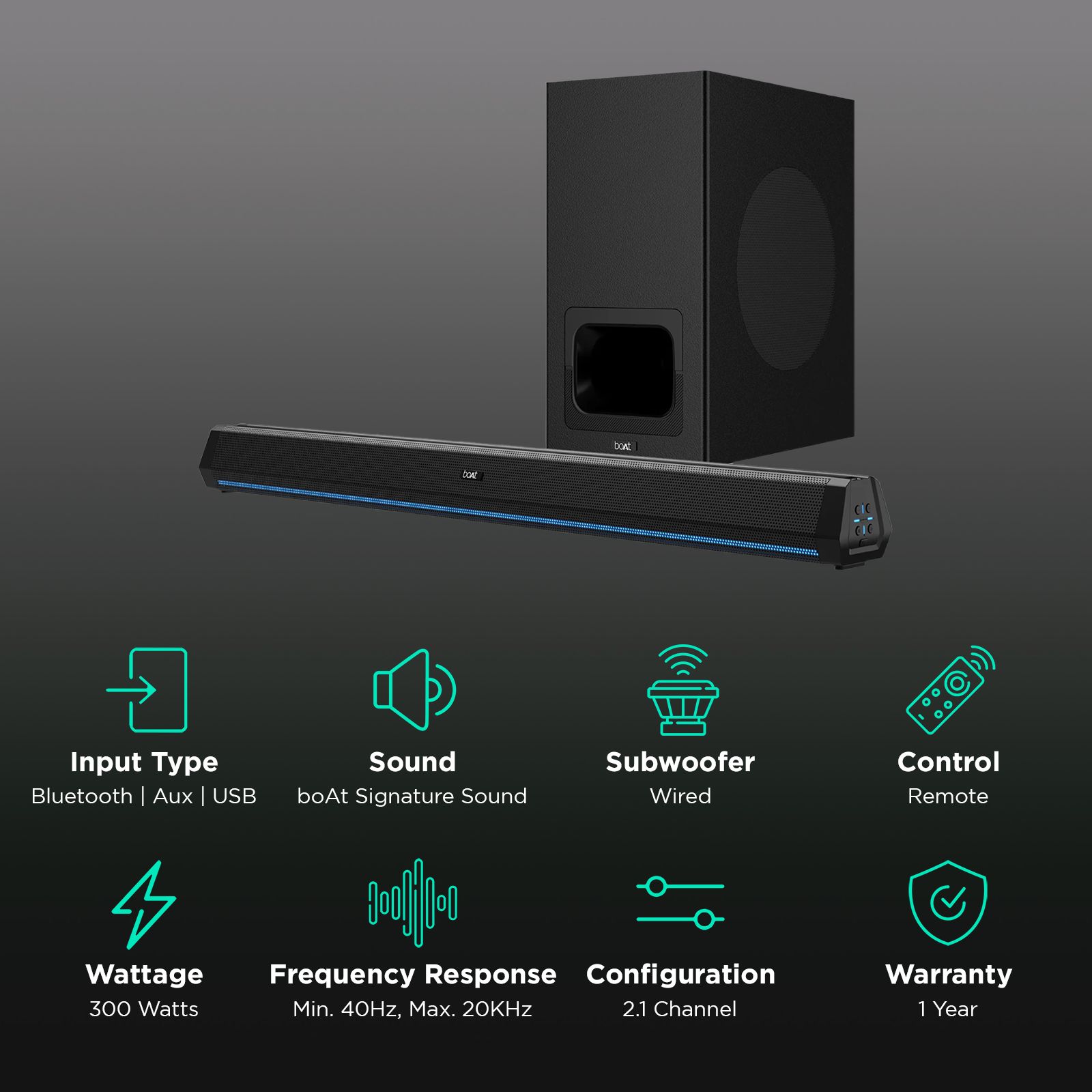 boAt Aavante Bar 2600 300W Bluetooth Soundbar with Remote (2.1 Channel, Midnight Black) boAt Aavante Bar 2600 300W Bluetooth Soundbar with Remote (2.1 Channel, Midnight Black)_2