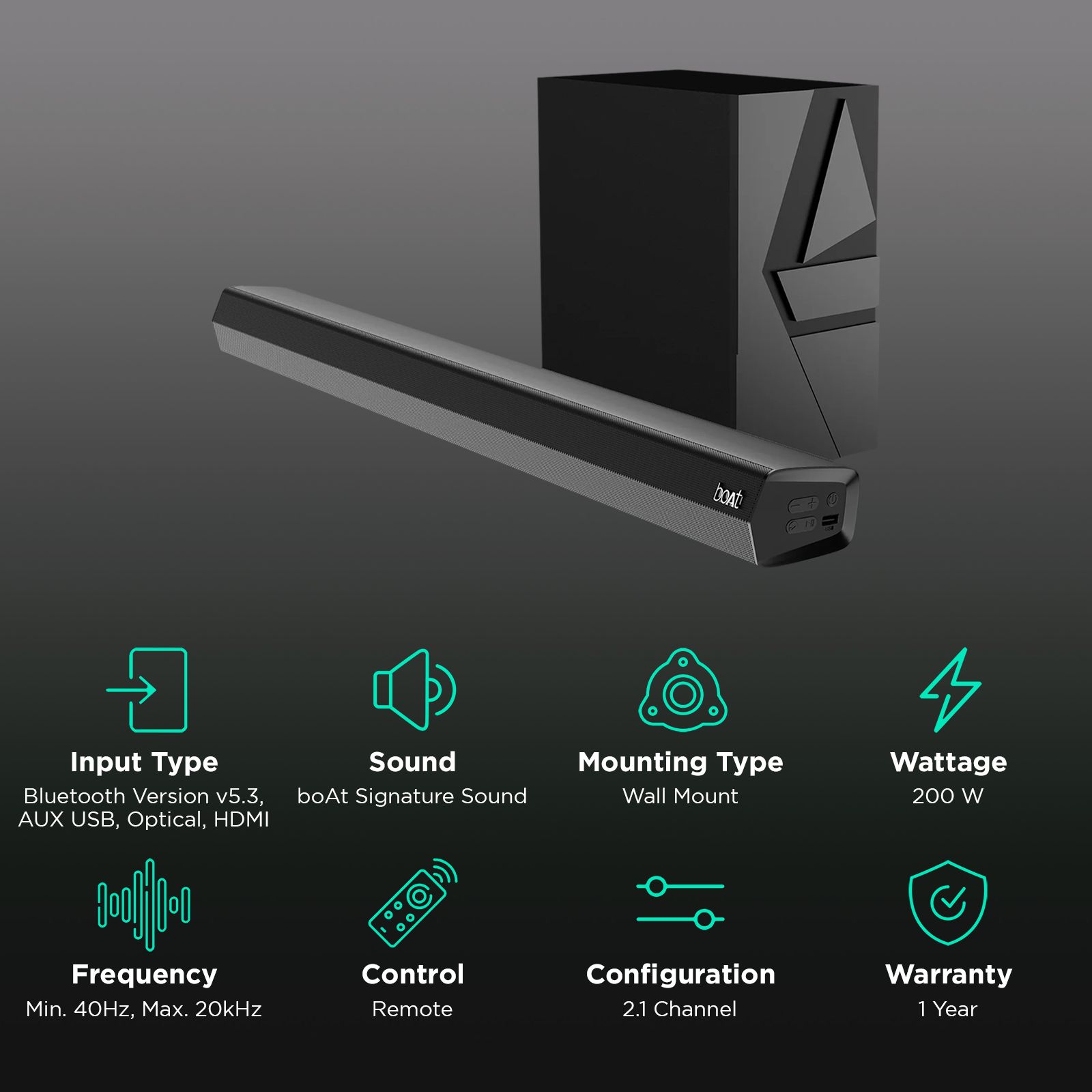 boAt Aavante Bar 2000 Pro 200W Bluetooth Soundbar with Remote (Surround Sound, 2.1 Channel, Premium Black) boAt Aavante Bar 2000 Pro 200W Bluetooth Soundbar with Remote (Surround Sound, 2.1 Channel, Premium Black)_2