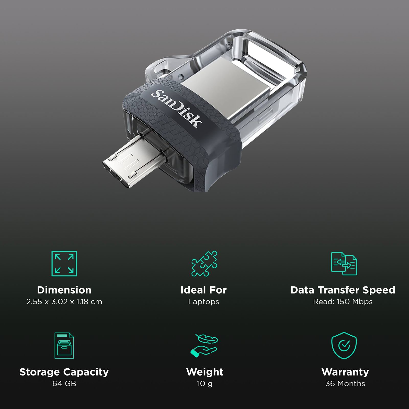 SanDisk Ultra Dual Drive m3.0 64GB Micro USB, USB (3.0) OTG Pen Drive (Retractable Design, Black & Gray) SanDisk Ultra Dual Drive m3.0 64GB Micro USB, USB (3.0) OTG Pen Drive (Retractable Design, Black & Gray)_3