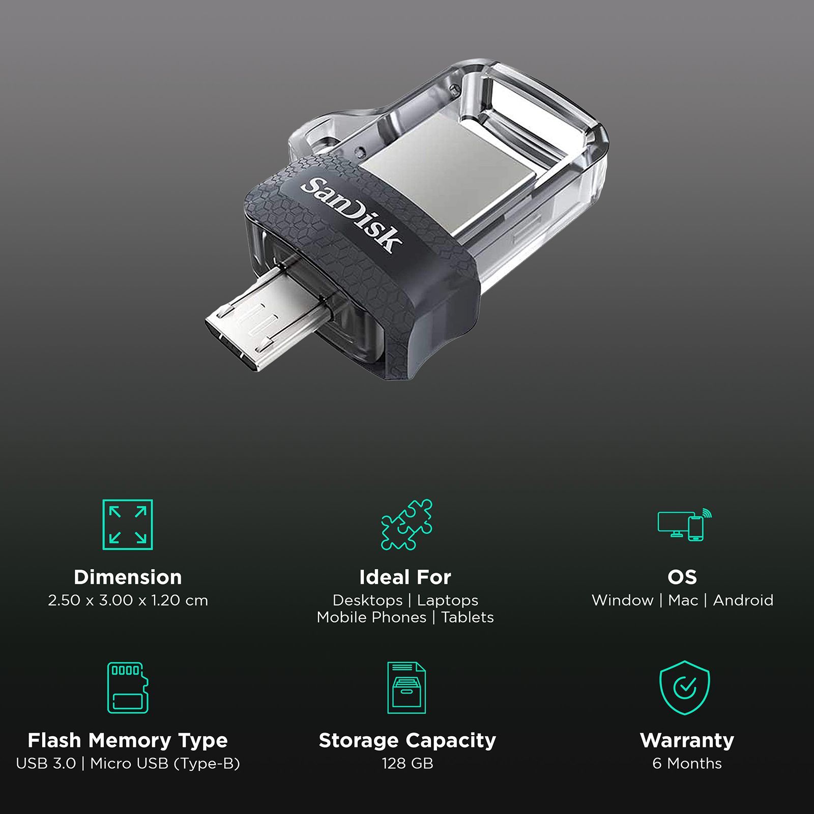 SanDisk Ultra Dual Drive m3.0 128GB Micro USB, USB (3.0) OTG Pen Drive (Retractable Design, Black & Gray)_3