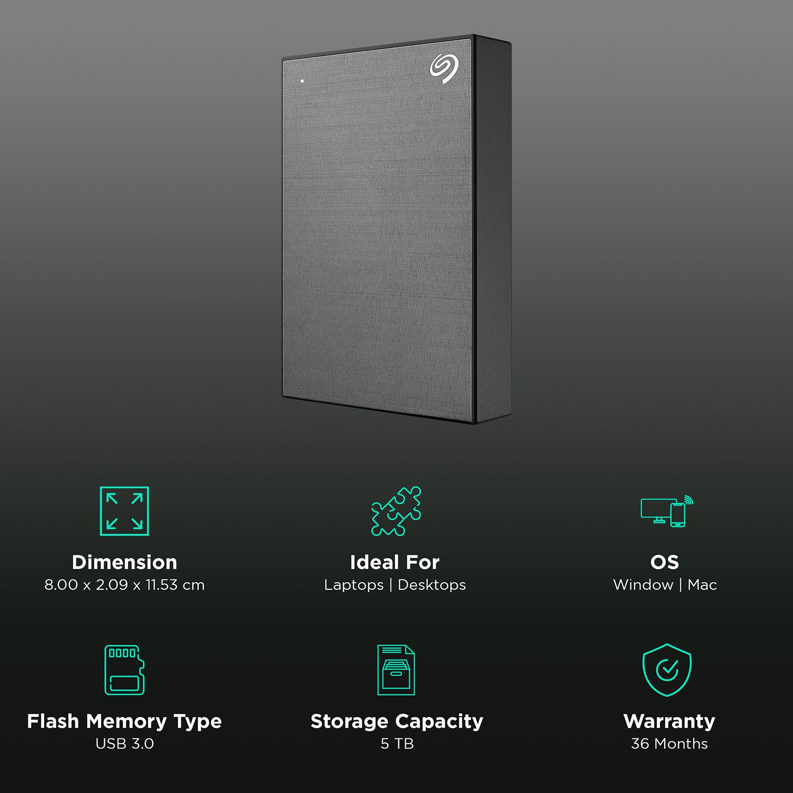 SEAGATE One Touch 5TB USB (3.0) Portable Hard Disk Drive (Rescue Data Recovery Services, Space Gray)_3