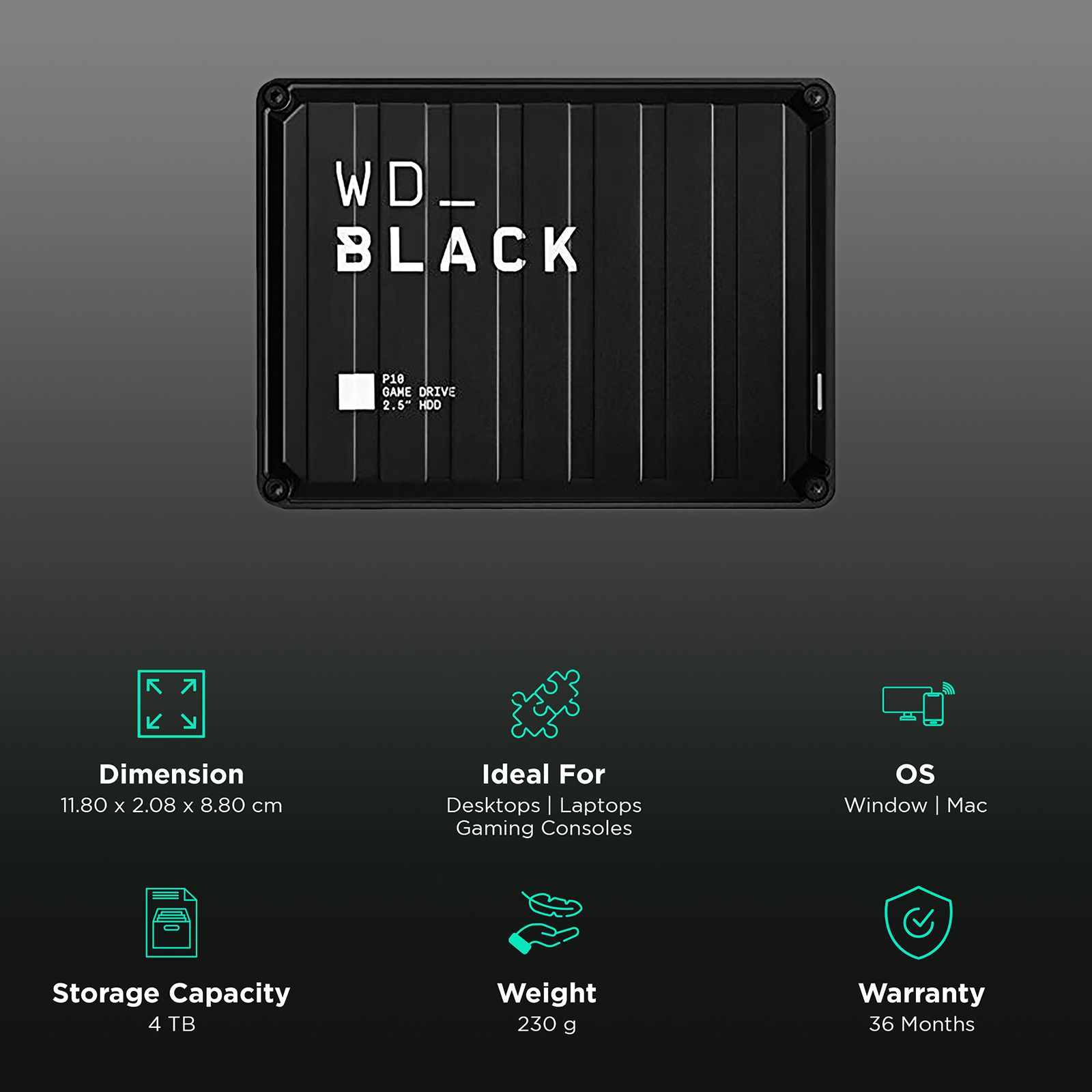 Western Digital WD_BLACK P10 4 TB USB 3.2 Game Drive (Purpose-Built For Gamers, WDBA3A0040BBK-WESN, Black) Western Digital WD_BLACK P10 4 TB USB 3.2 Game Drive (Purpose-Built For Gamers, WDBA3A0040BBK-WESN, Black)_3