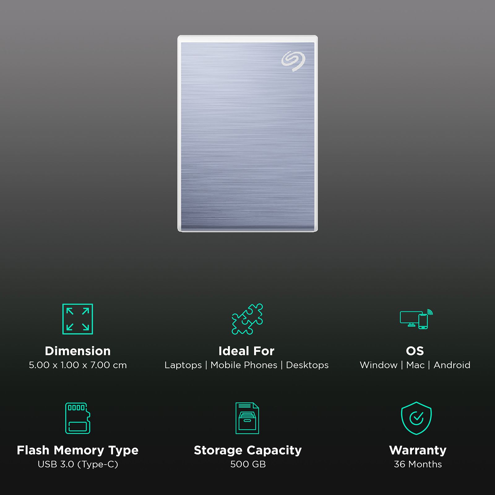 SEAGATE One Touch 500GB USB Type-C 3.0 Solid State Drive (Steller Style Design, STKG500402, Blue)_3