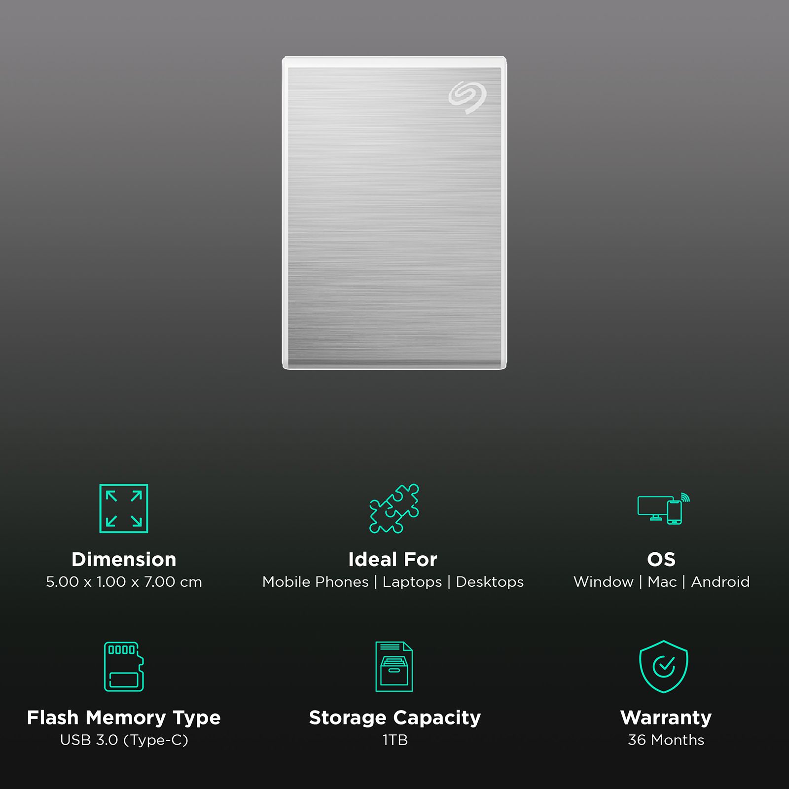 SEAGATE One Touch 1TB USB Type-C 3.0 Solid State Drive (Multi-Device Compatibility, STKG1000401, Silver)_3