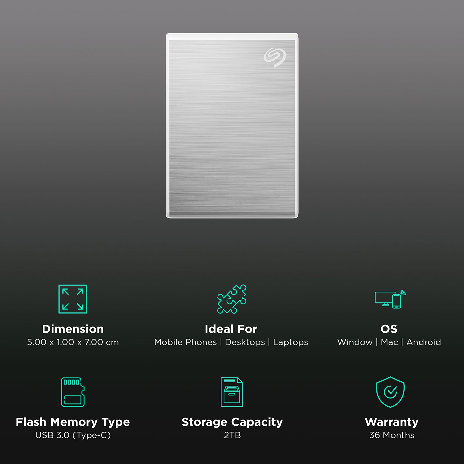 SEAGATE One Touch 1TB USB Type-C (3.0) Portable Solid State Drive (Rescue Data Recovery Services, Silver)_3