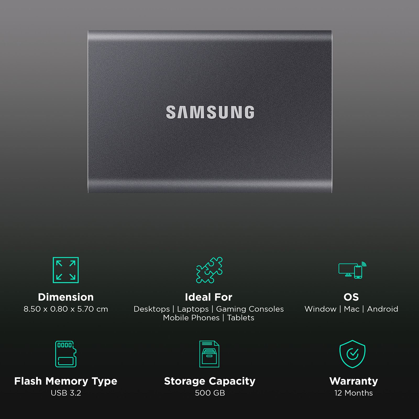 SAMSUNG T7 500GB USB 3.2 Solid State Drive (UASP Mode, MU-PC500T/WW, Titan Grey) SAMSUNG T7 500GB USB 3.2 Solid State Drive (UASP Mode, MU-PC500T/WW, Titan Grey)_3