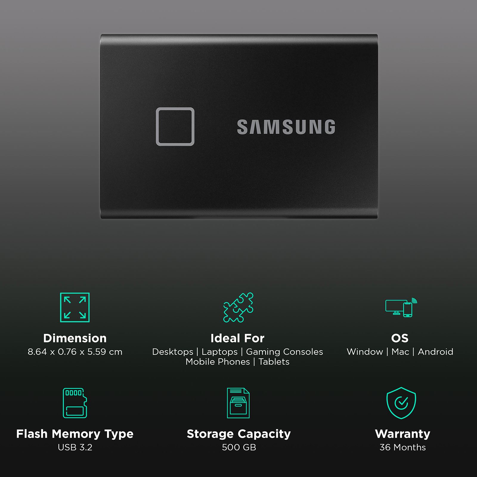 SAMSUNG T7 500GB USB Type-C (3.2) Portable Solid State Drive (Shock Resistance and Password Protection, Black) SAMSUNG T7 500GB USB Type-C (3.2) Portable Solid State Drive (Shock Resistance and Password Protection, Black)_3