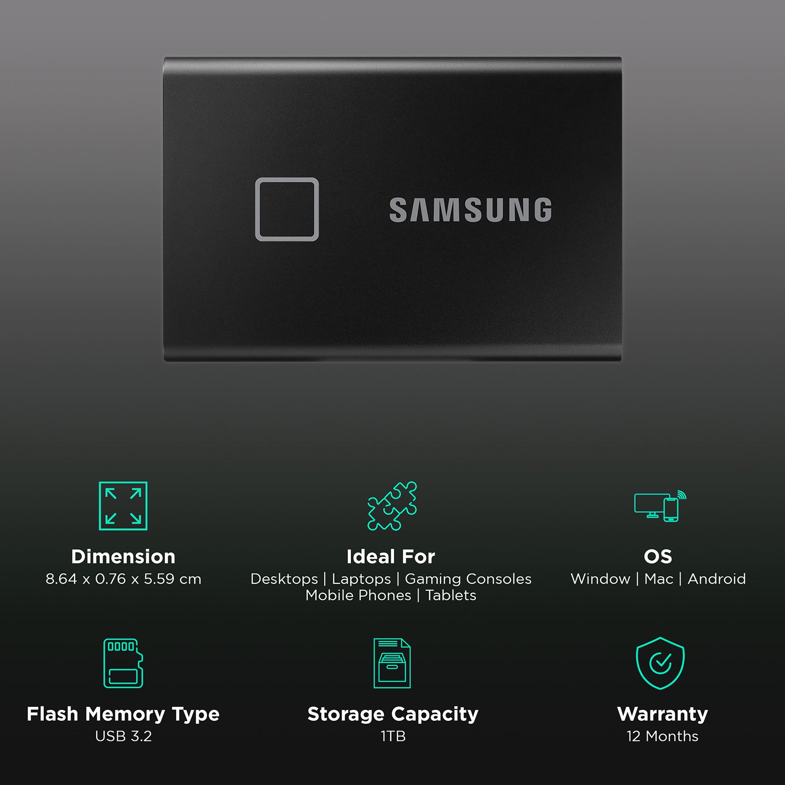 SAMSUNG T7 Touch 1 TB USB 3.2 Solid State Drive (Fingerprint Security, MU-PC1T0K/WW, Black) SAMSUNG T7 Touch 1 TB USB 3.2 Solid State Drive (Fingerprint Security, MU-PC1T0K/WW, Black)_3