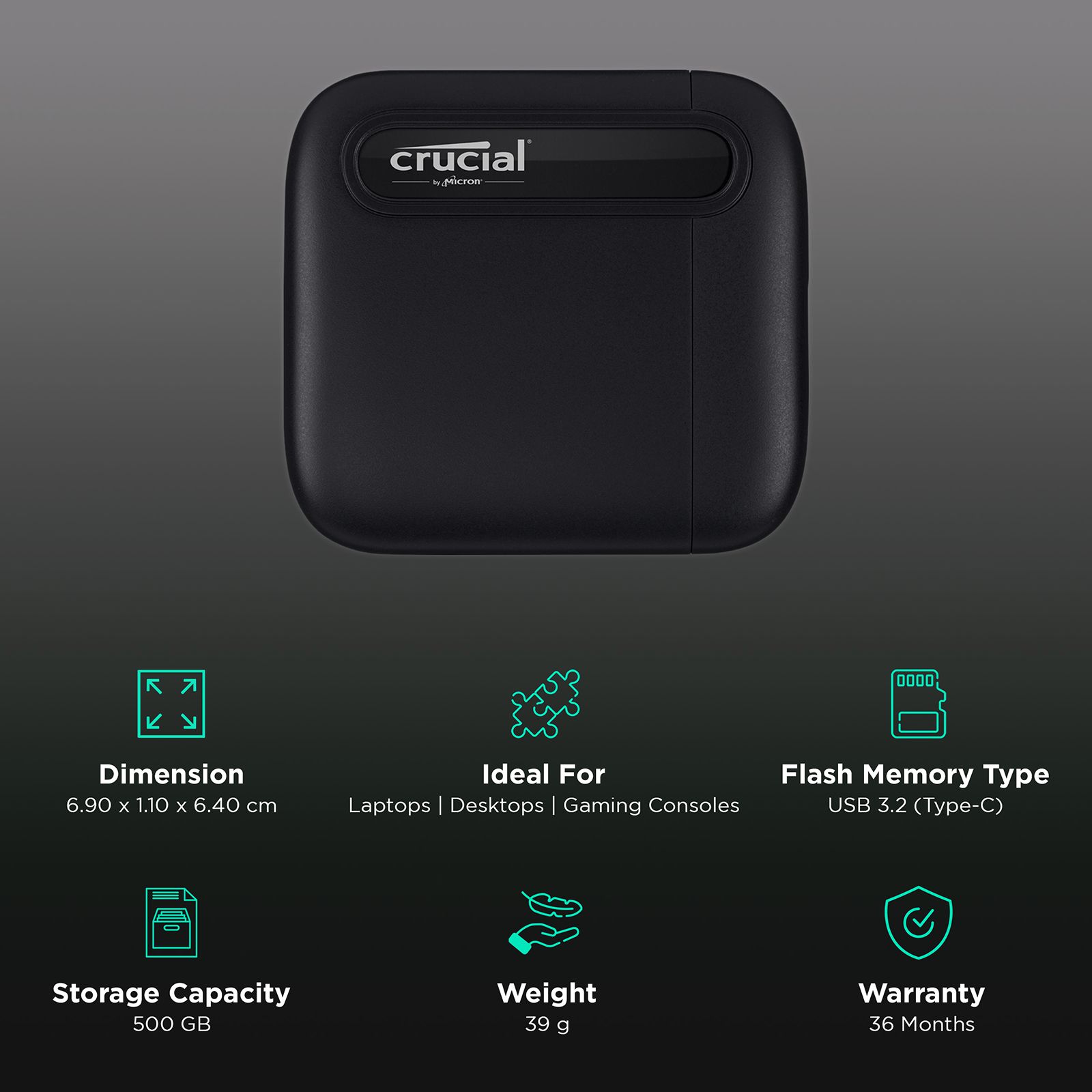 Crucial X6 500GB USB 3.2 (Type-C) Solid State Drive (Shock & Vibration Proof, CT500X6SSD9, Black)_3