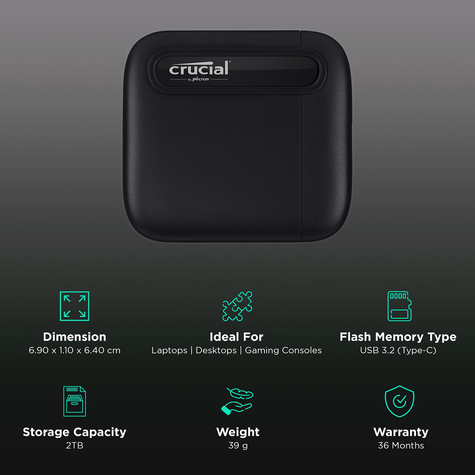 Crucial X6 2TB USB 3.2 (Type-C) Solid State Drive (Shock & Vibration Proof, CT2000X6SSD9, Black) Crucial X6 2TB USB 3.2 (Type-C) Solid State Drive (Shock & Vibration Proof, CT2000X6SSD9, Black)_3