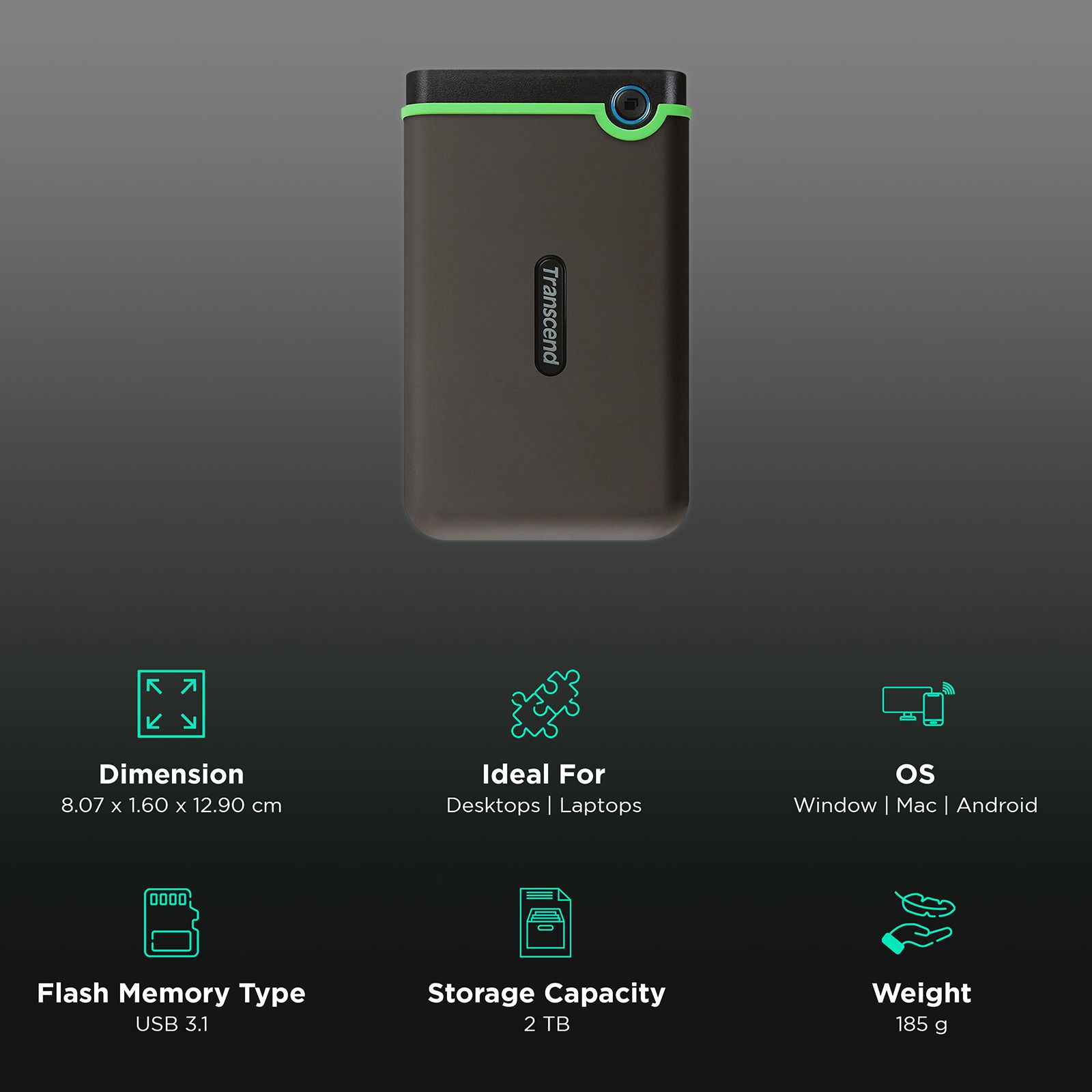 Transcend StoreJet 25M3 2 TB USB 3.1 Gen 1 Hard Disk Drive (One Touch Auto Backup, TS2TSJ25M3S, Iron Grey) Transcend StoreJet 25M3 2 TB USB 3.1 Gen 1 Hard Disk Drive (One Touch Auto Backup, TS2TSJ25M3S, Iron Grey)_3