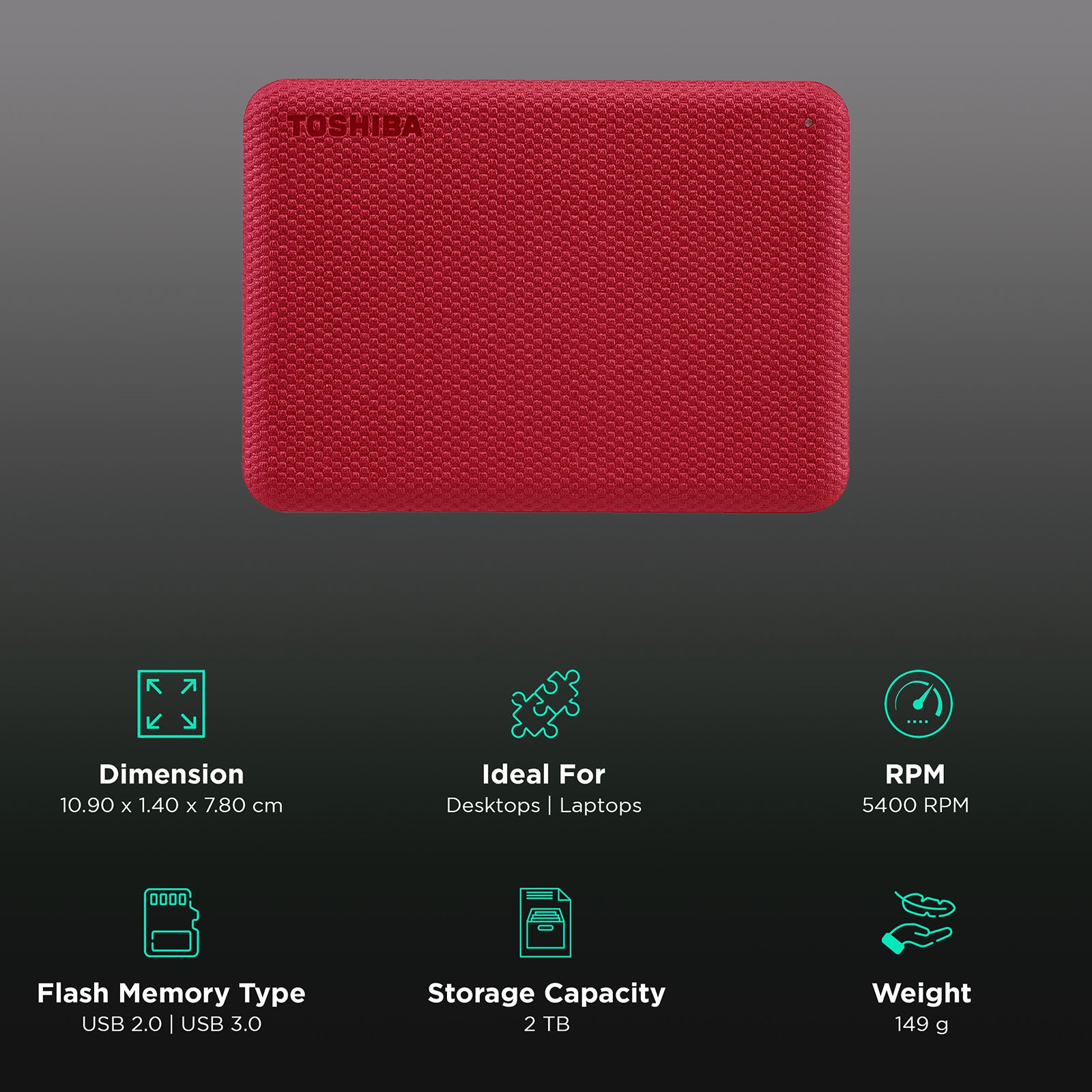 TOSHIBA Canvio Advance 2TB USB Type-A (3.0) Portable Hard Disk Drive (Auto-Backup Software, Red) TOSHIBA Canvio Advance 2TB USB Type-A (3.0) Portable Hard Disk Drive (Auto-Backup Software, Red)_3
