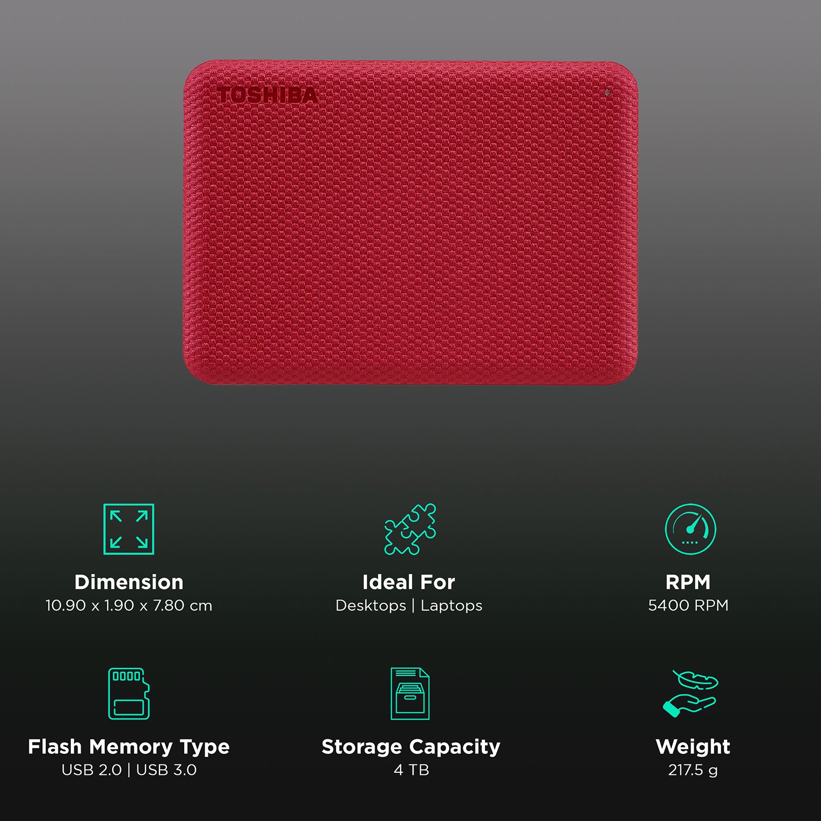 TOSHIBA Canvio Advance 4TB USB Type-A (3.0) Portable Hard Disk Drive (Auto-Backup Software, Red)_3